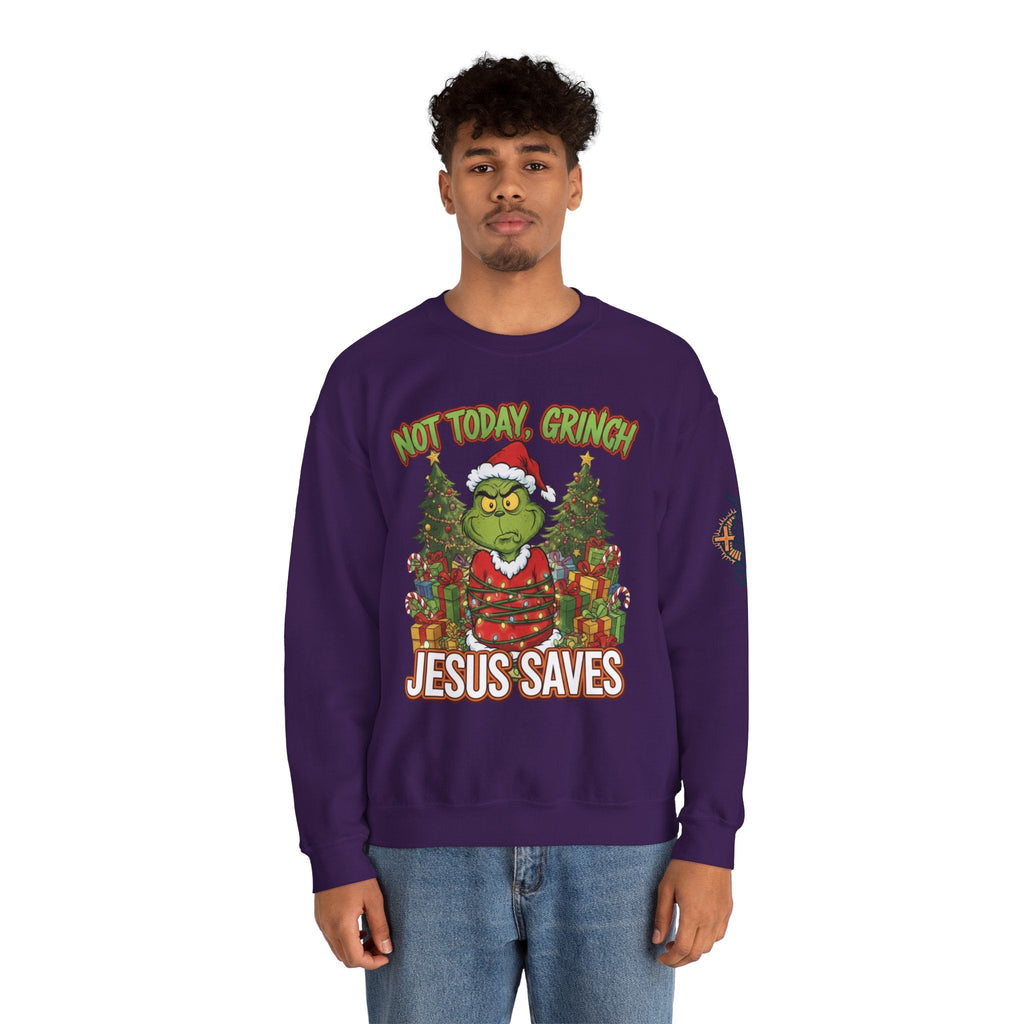 🎄 Not Today, Grinch – Jesus Saves | Funny Christian Christmas Sweatshirt | Sulking Grinch & Glowing Cross | Bold Neon Faith Tee by Uplifted Gear Printify