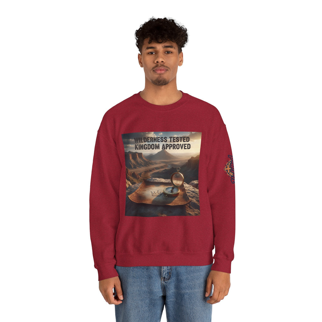 Wilderness Tested Kingdom Approved Sweatshirt – Mountain Desert Compass Crown Christian Sweatshirt for Biblical Adventure Faith Printify