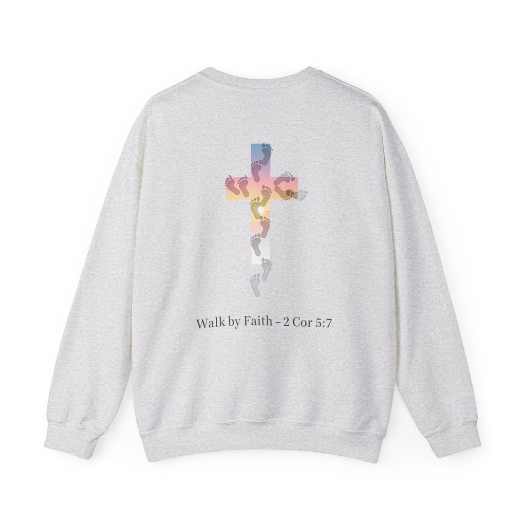 Walk by Faith Sweatshirt – Cross & Footprints Christian Sweatshirt for Cozy Inspiration Printify