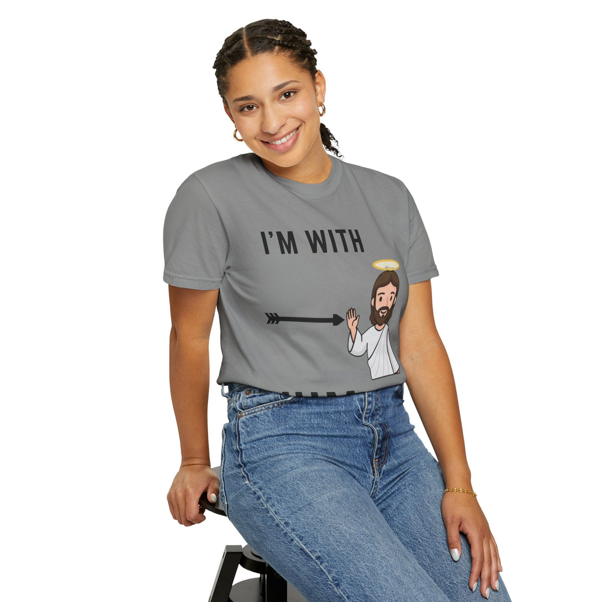 🔥 I’m With Him → Christian T-Shirt | Arrow Pointing to Jesus | Minimalist Faith Tee | Subtle Cross Design | Bible-Inspired Apparel by Uplifted Gear Printify