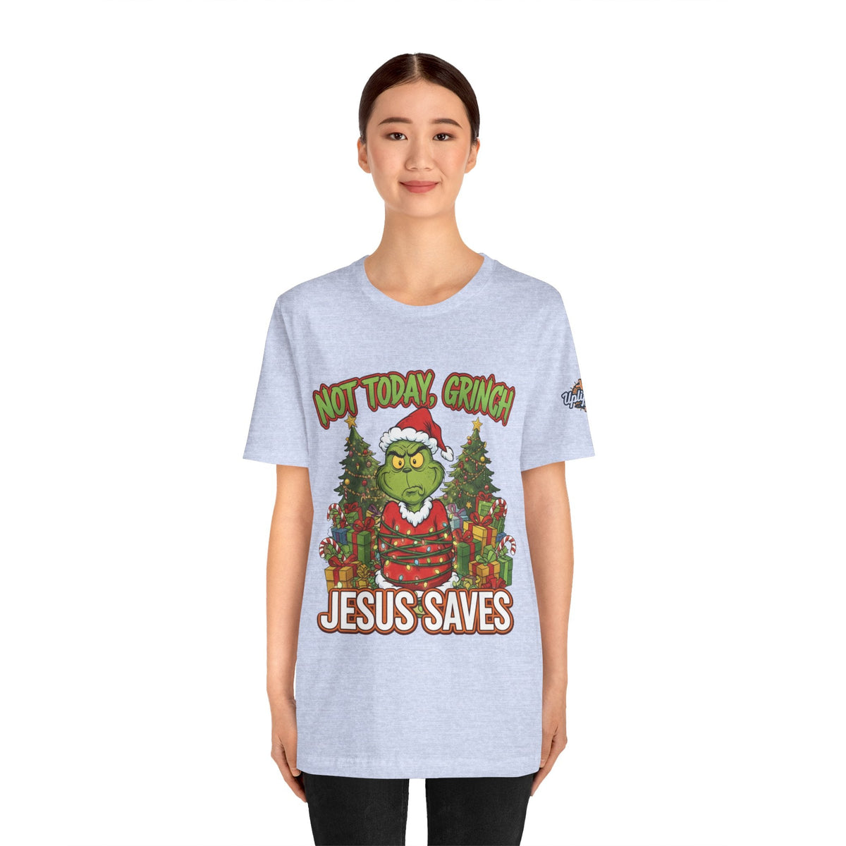 🎄 Not Today, Grinch – Jesus Saves | Funny Christian Christmas T-Shirt | Sulking Grinch & Glowing Cross | Bold Neon Faith Tee by Uplifted Gear Printify