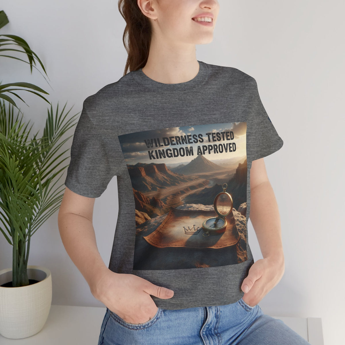 Wilderness Tested Kingdom Approved T-shirt – Mountain Desert Compass Crown Christian T-shirt for Biblical Adventure Faith Printify
