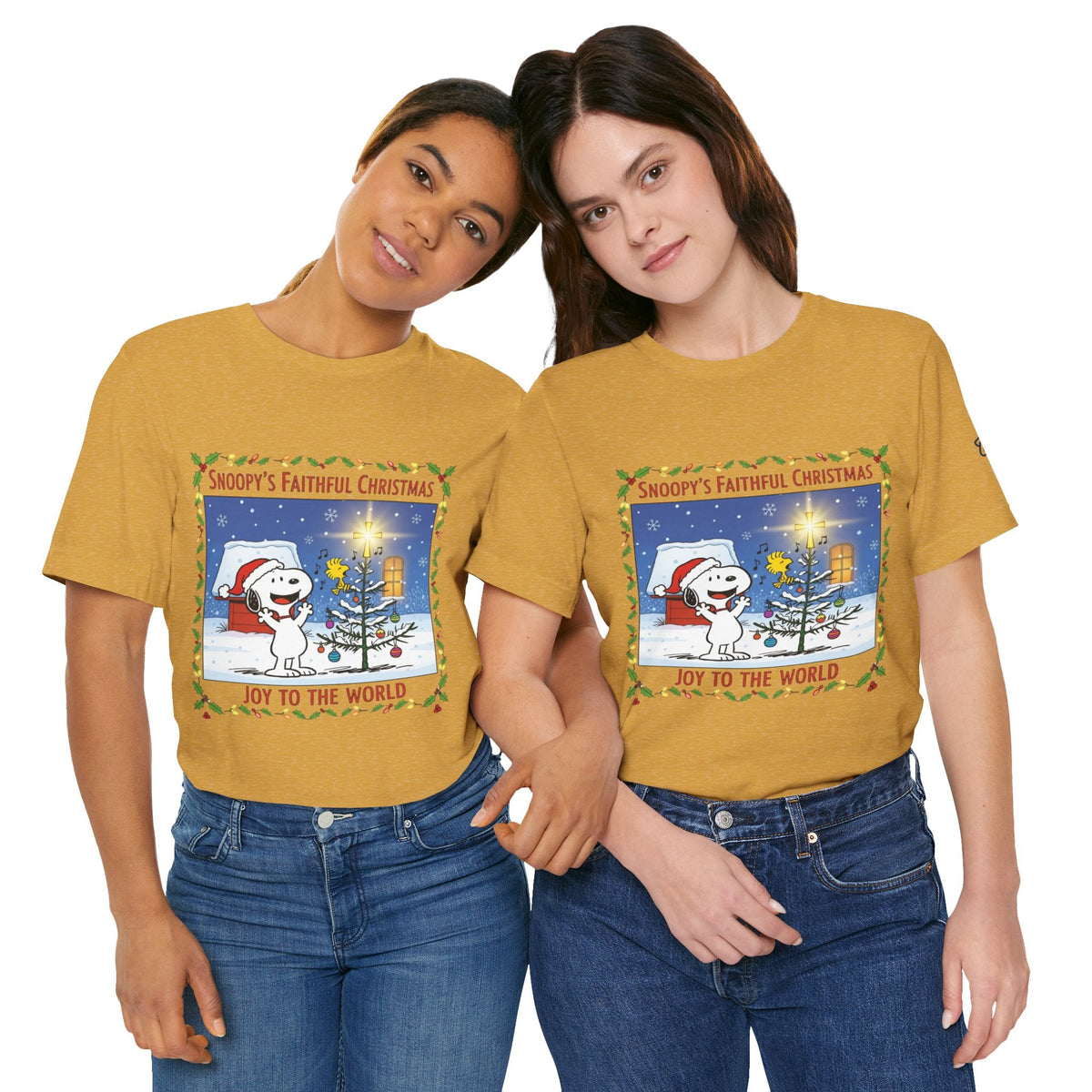 🎄 Faithful Christmas Friends – Christian Holiday T-Shirt | Festive Tree & Cartoon Duo | Heartwarming Christmas Tee by Uplifted Gear Printify