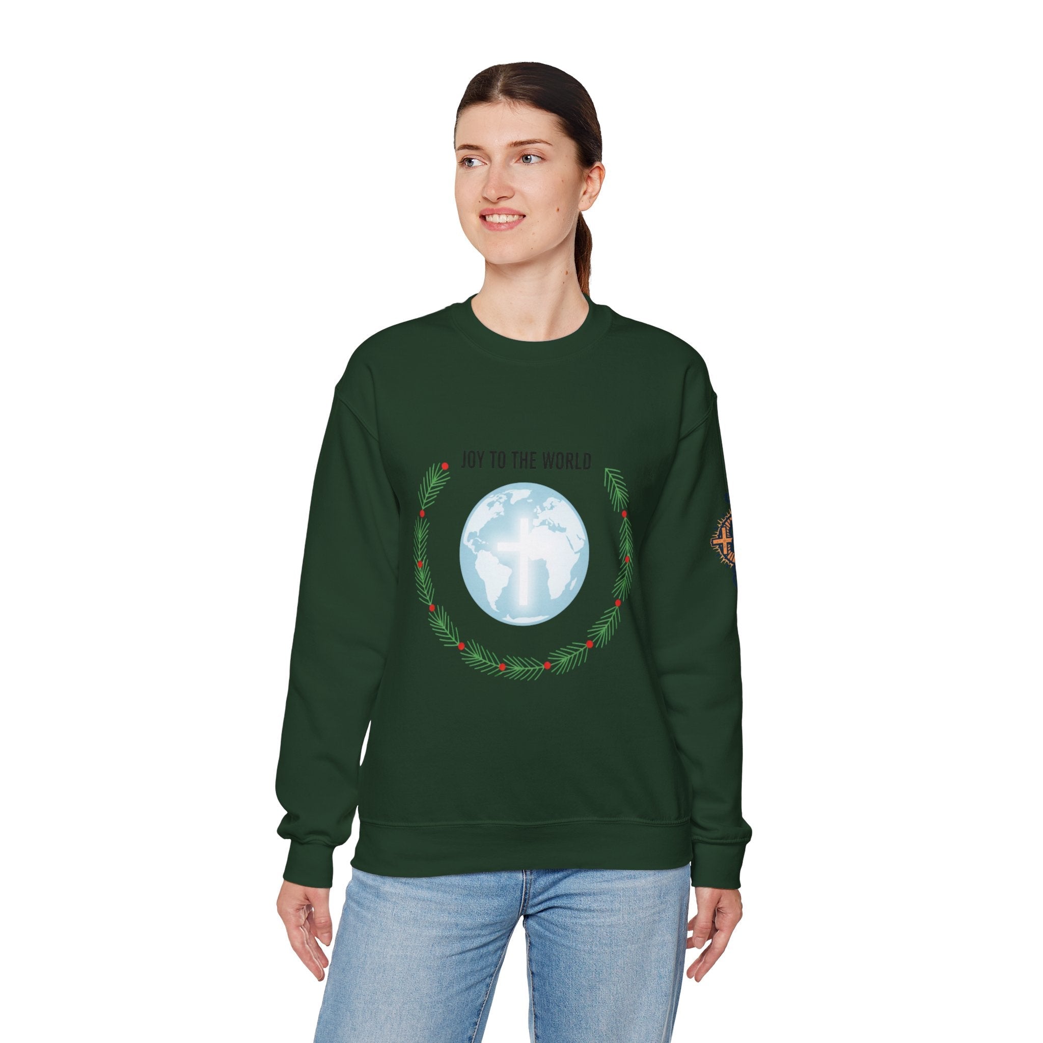 Joy to the World Sweatshirt – Wreath Earth Nativity Christian Christmas Sweatshirt for Isaiah 9:6 Holiday Faith & Festive Joy Printify