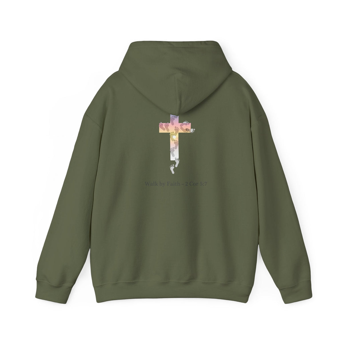 Walk by Faith Hoodie – Cross & Footprints Christian Hoodie for Cozy Inspiration Printify
