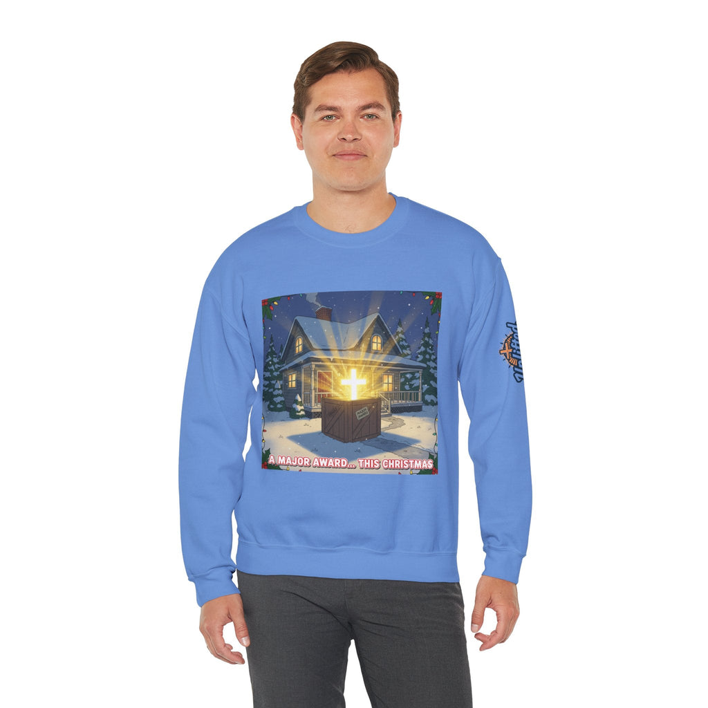 A Major Award This Christmas Sweatshirt – Fragile Leg Lamp Parody Cross Unboxing Christian Sweatshirt for Hilarious Faith & Holiday Glow Printify