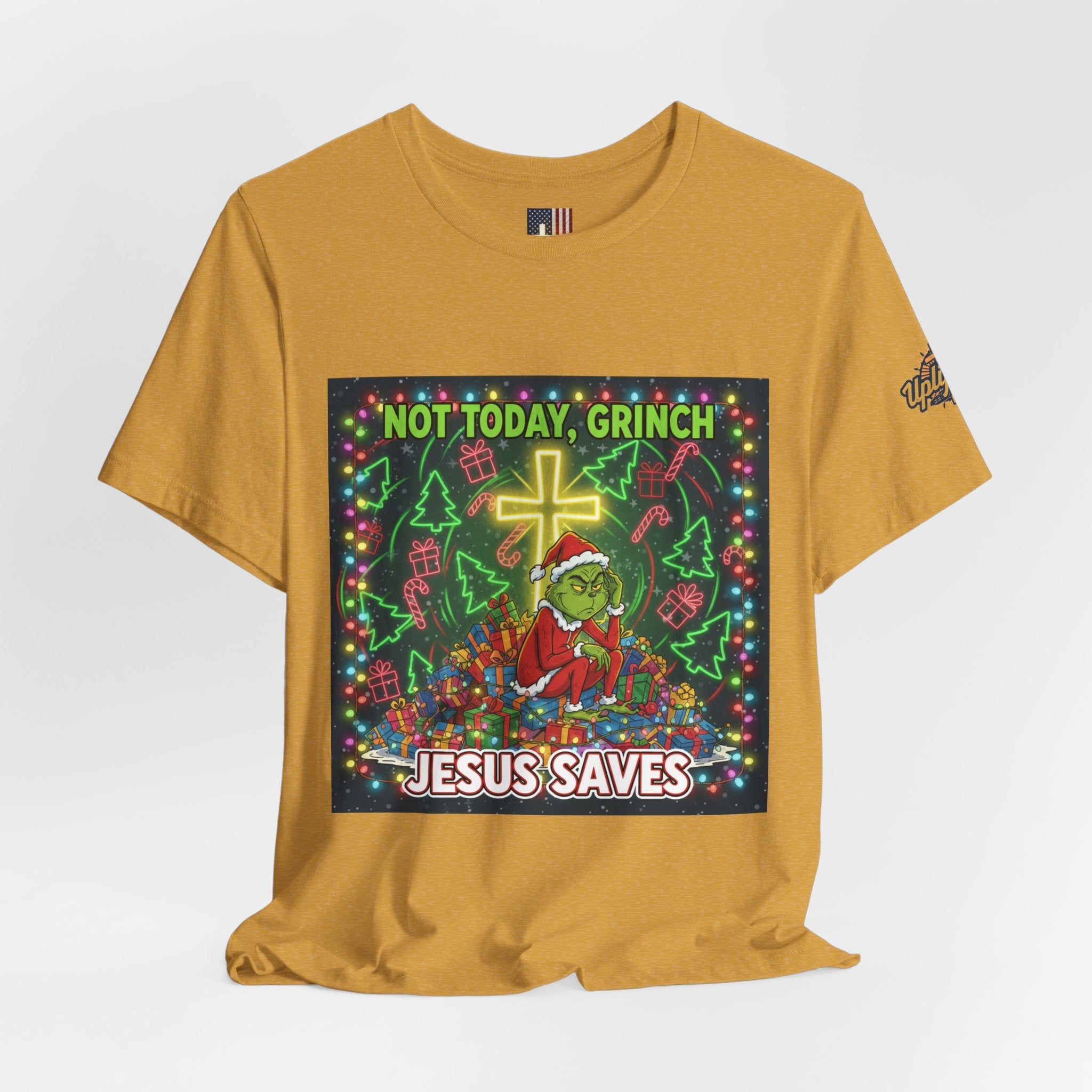 🎄 Not Today, Grinch – Jesus Saves | Funny Christian Christmas T-Shirt | Festive Green & Red Cartoon Style | Bold Faith Holiday Tee by Uplifted Gear Printify