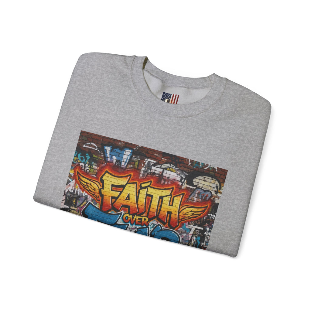 Faith Over Fear Sweatshirt – Graffiti Wall Christian Sweatshirt for Bold 2 Corinthians 5:7 Streetwear & Unshakable Faith Printify