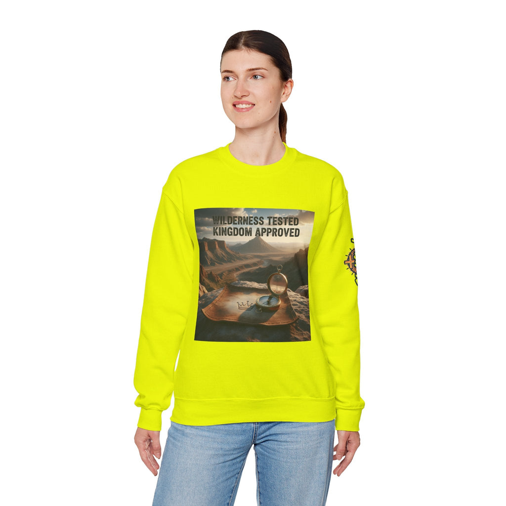 Wilderness Tested Kingdom Approved Sweatshirt – Mountain Desert Compass Crown Christian Sweatshirt for Biblical Adventure Faith Printify