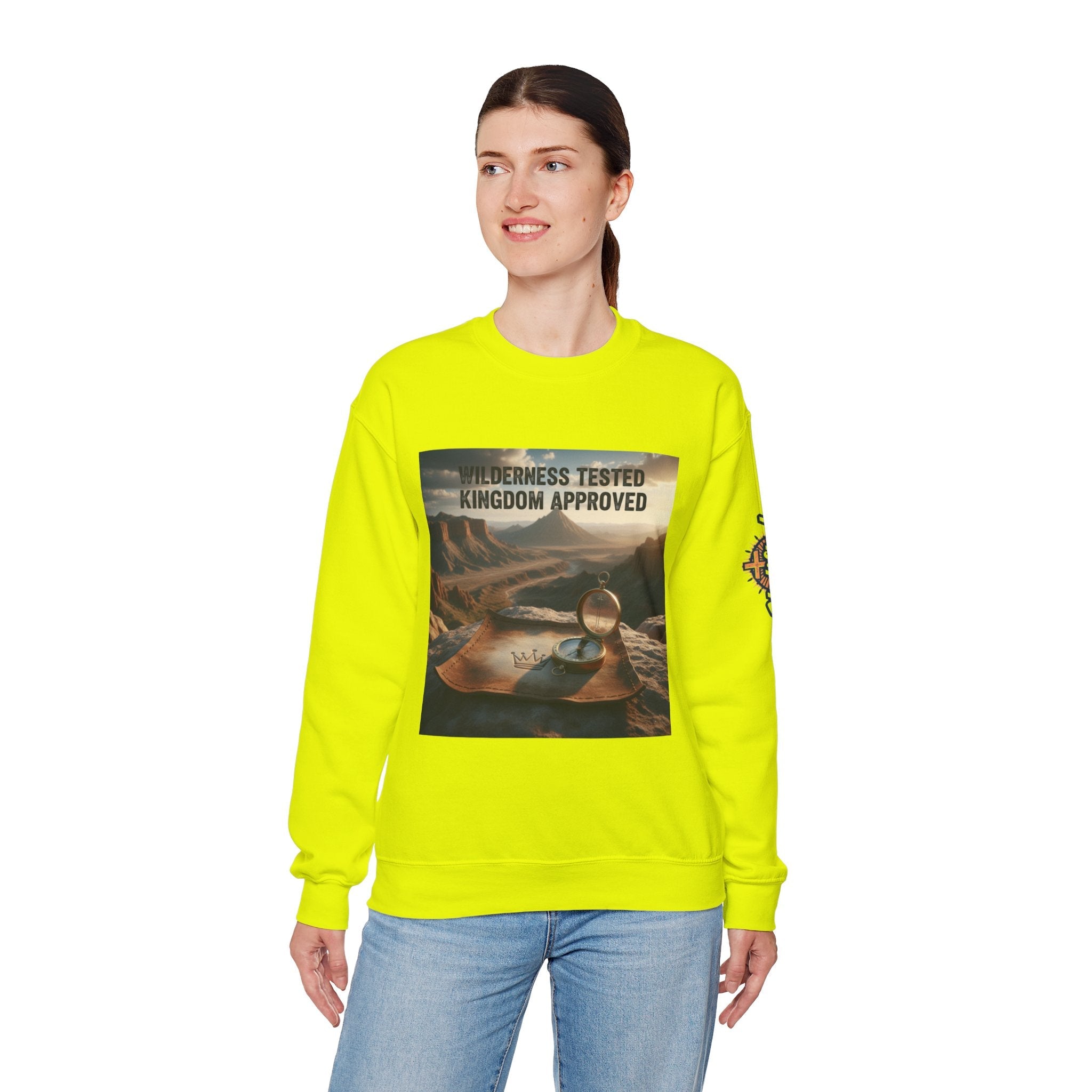 Wilderness Tested Kingdom Approved Sweatshirt – Mountain Desert Compass Crown Christian Sweatshirt for Biblical Adventure Faith Printify