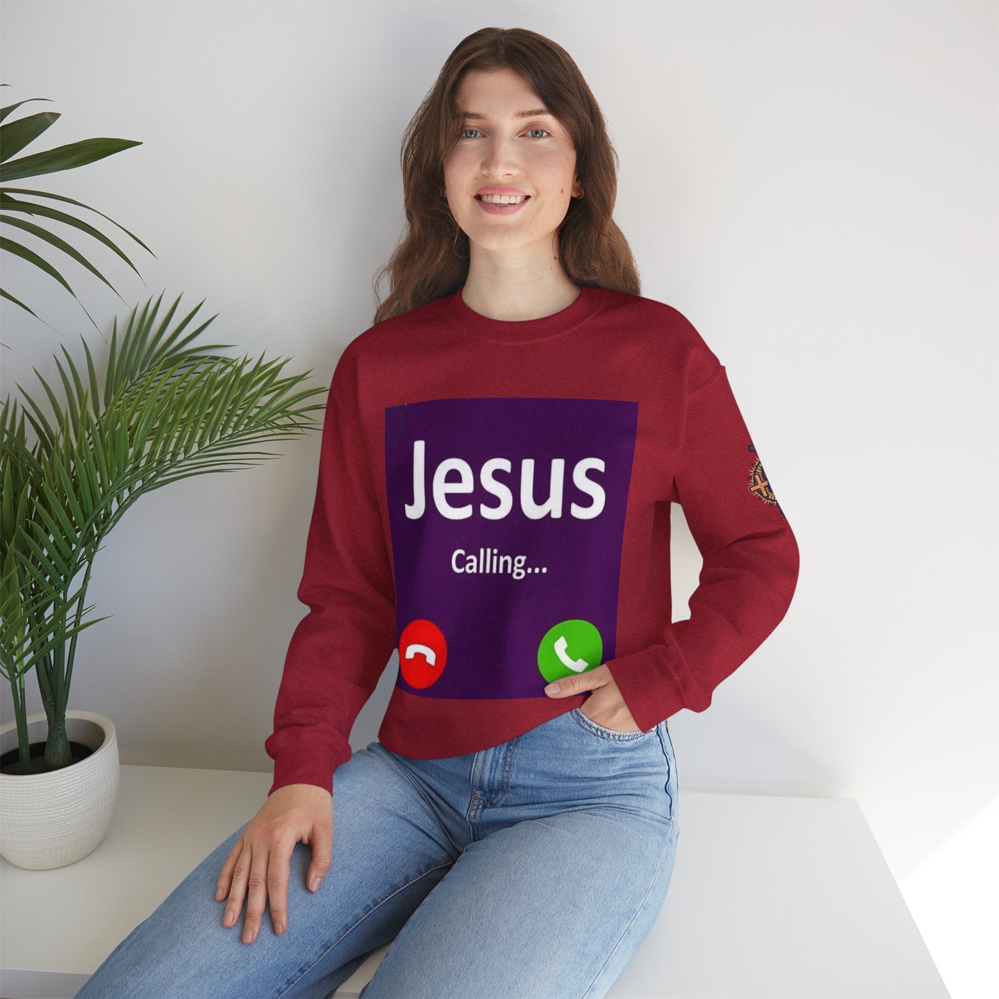 Jesus Calling Sweatshirt – Funny Cell Phone Screen Christian Sweatshirt for Divine Connection & Faith Humor Printify