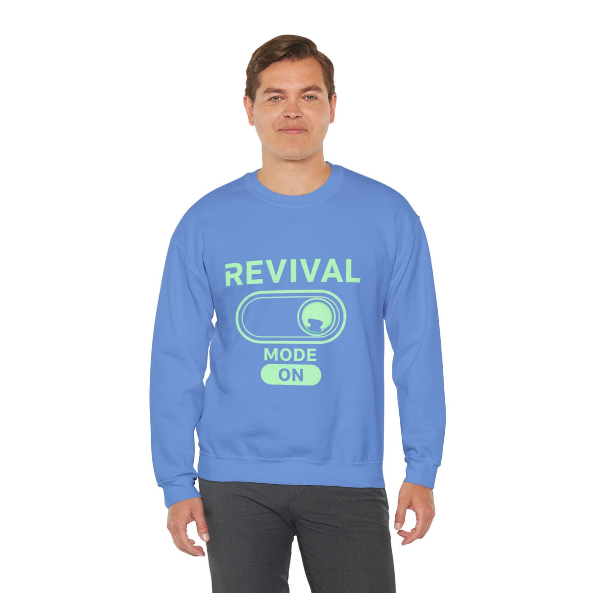 🔥 Revival Mode: ON – Christian Techwear Sweatshirt | Glowing Green Faith Switch | Futuristic Jesus Shirt | Activate Your Spiritual Awakening | Uplifted Gear Printify