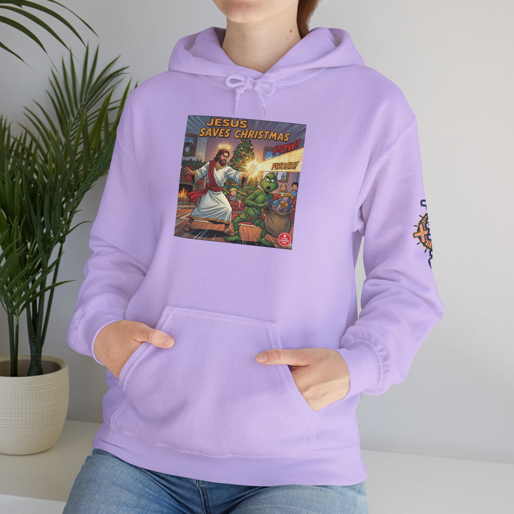 Jesus Saves Christmas Hoodie – Grinch vs Savior Light Battle Christian Sweatshirt for Hilarious Holiday Faith & True Joy Printify