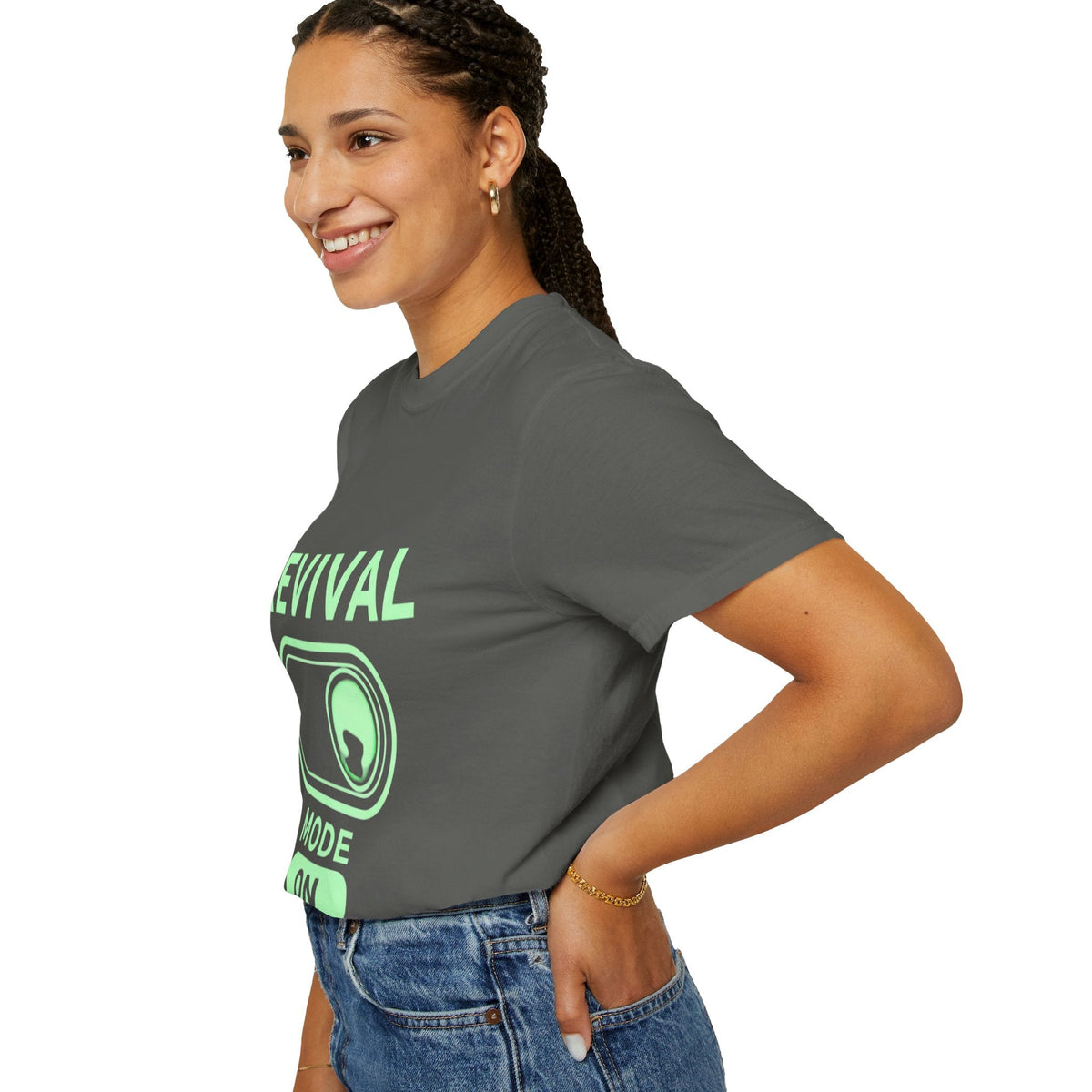 🔥 Revival Mode: ON – Christian Techwear T-Shirt | Glowing Green Faith Switch | Futuristic Jesus Shirt | Activate Your Spiritual Awakening | Uplifted Gear Printify