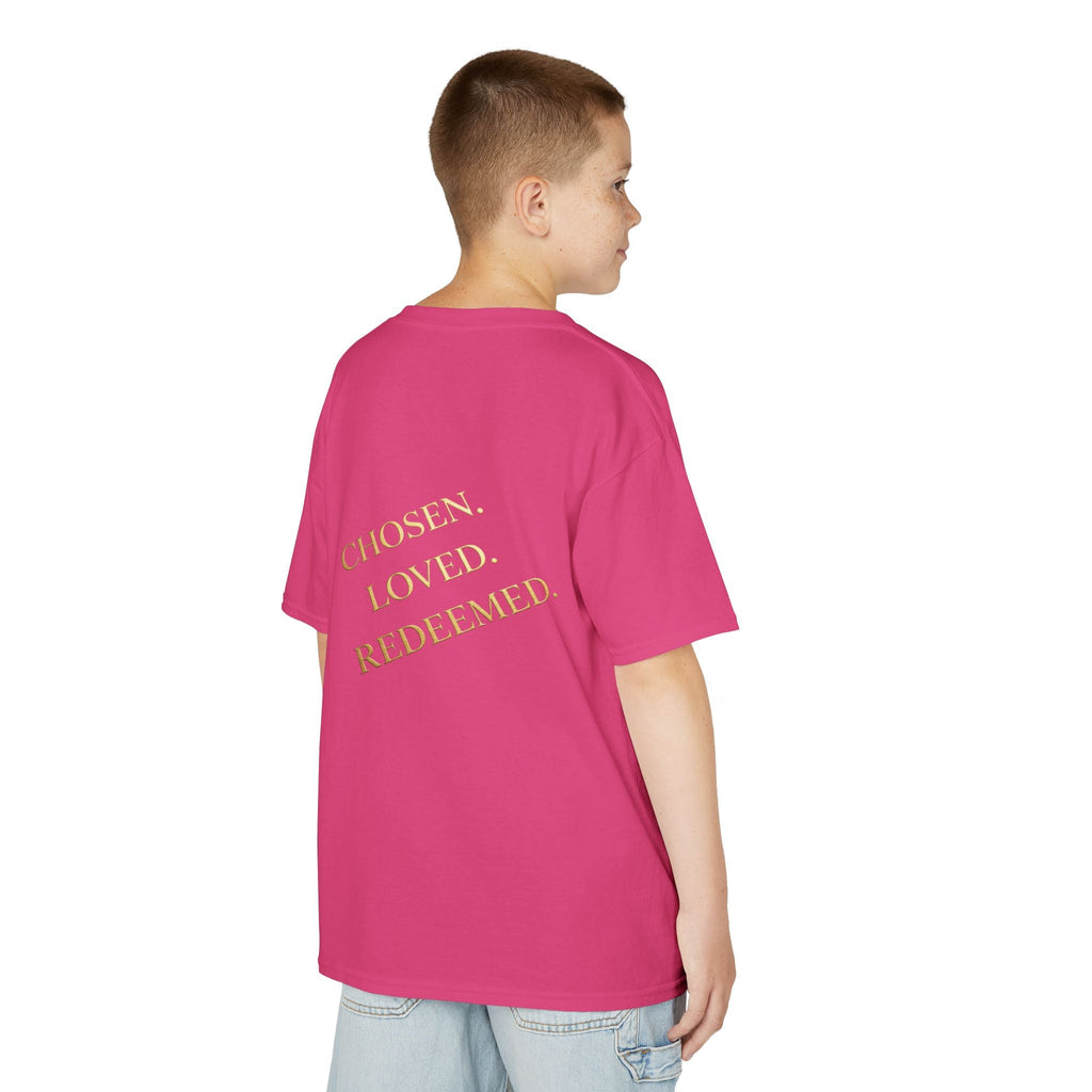 ✨ Chosen. Loved. Redeemed. – Elegant Christian Kids T-Shirt | Gold Foil Faith Tee | Subtle Cross & Heart Design | Inspirational Bible Verse Apparel by Uplifted Gear Printify