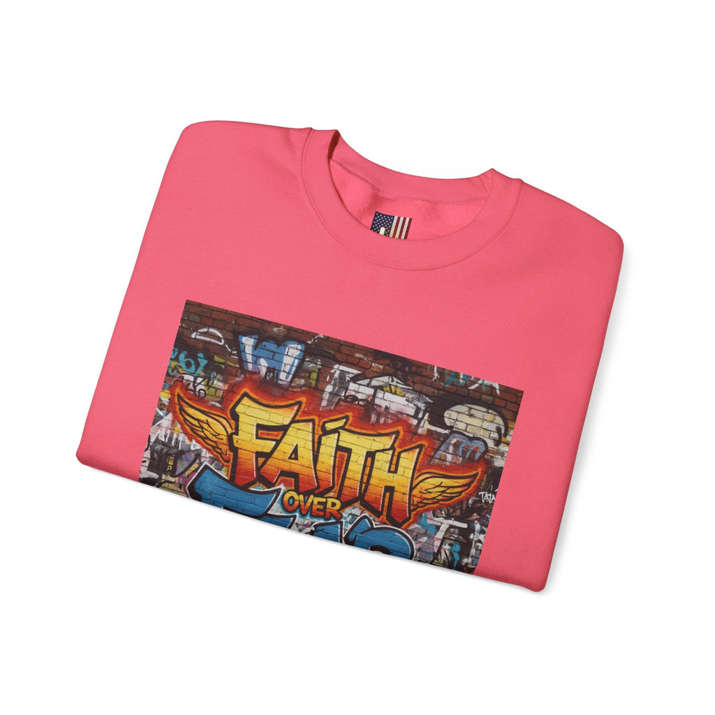 Faith Over Fear Sweatshirt – Graffiti Wall Christian Sweatshirt for Bold 2 Corinthians 5:7 Streetwear & Unshakable Faith Printify