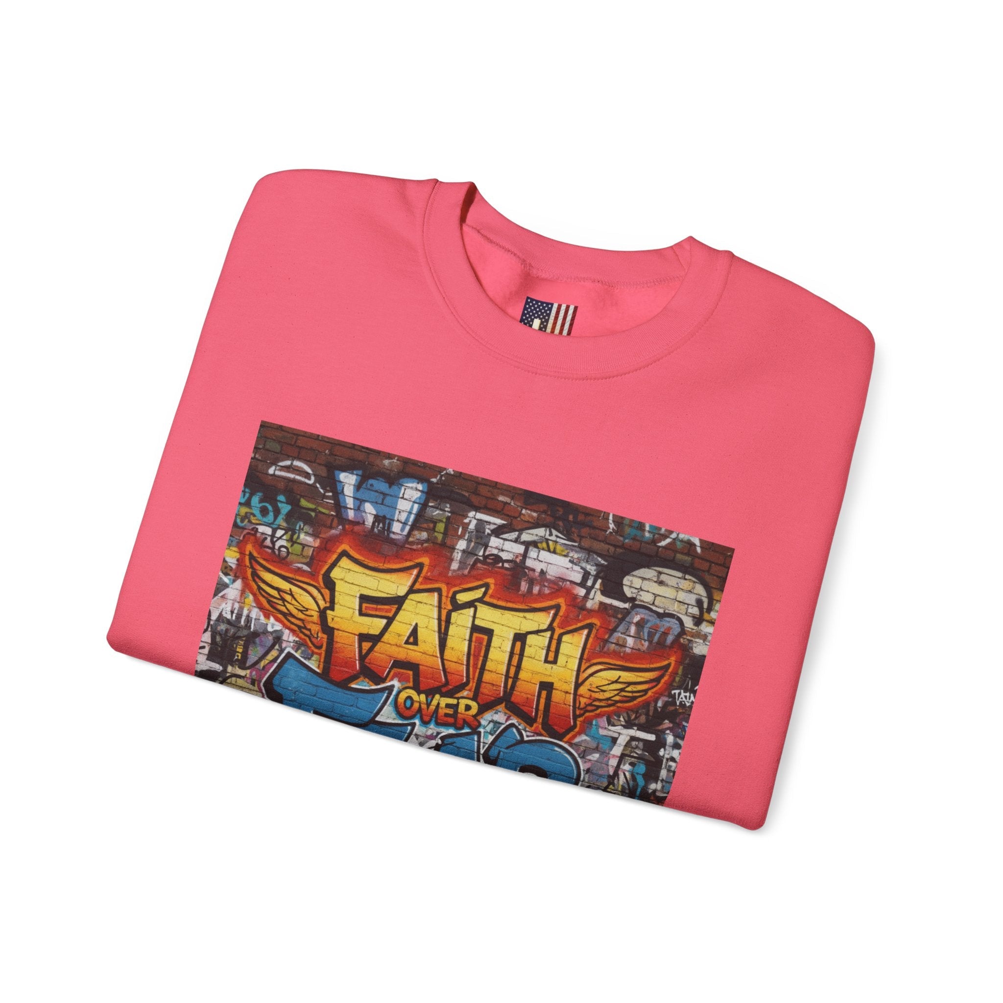 Faith Over Fear Sweatshirt – Graffiti Wall Christian Sweatshirt for Bold 2 Corinthians 5:7 Streetwear & Unshakable Faith Printify