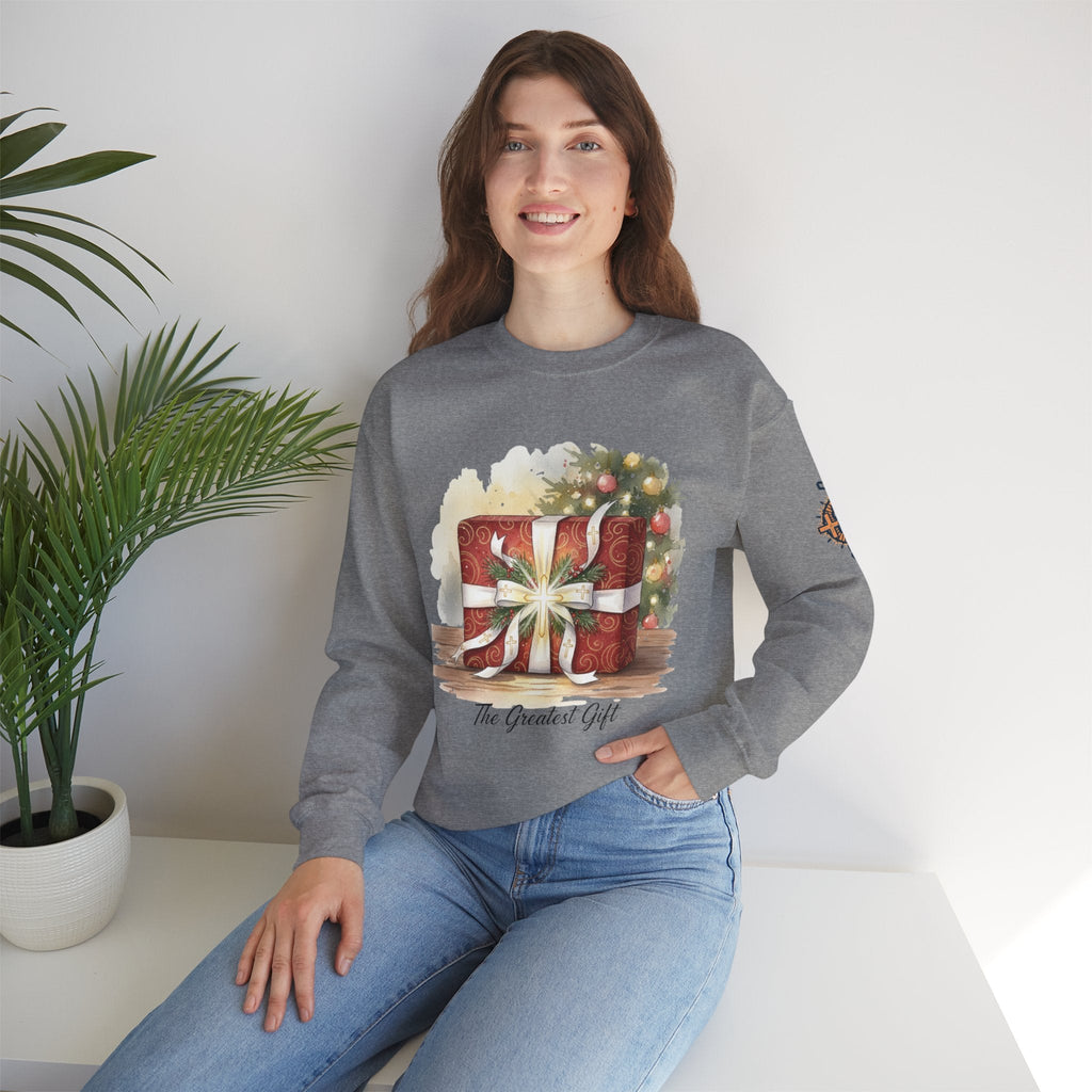 The Greatest Gift Sweatshirt – Cross Bow Present Christian Sweatshirt for Christmas Salvation & Eternal Faith Printify