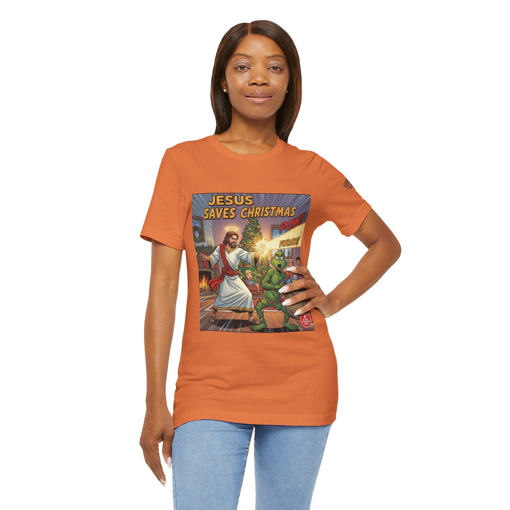 Jesus Saves Christmas T-shirt – Grinch vs Savior Light Battle Christian T-shirt for Hilarious Holiday Faith & True Joy Printify
