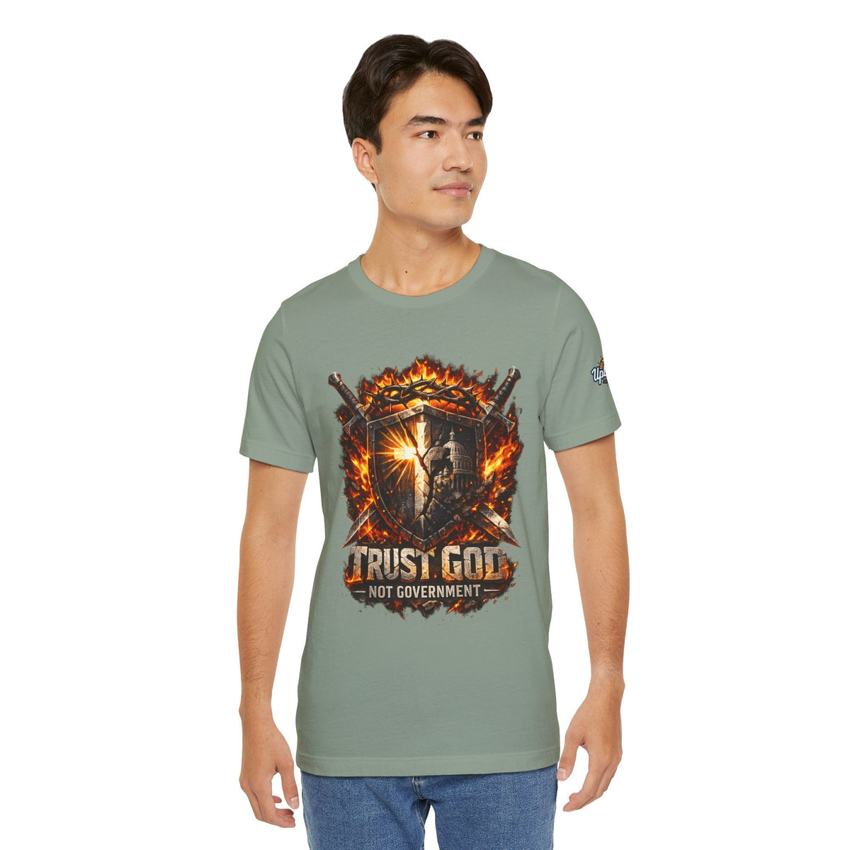 Trust God Not Government Shield Tee — Patriotic Christian Faith T-Shirt Printify