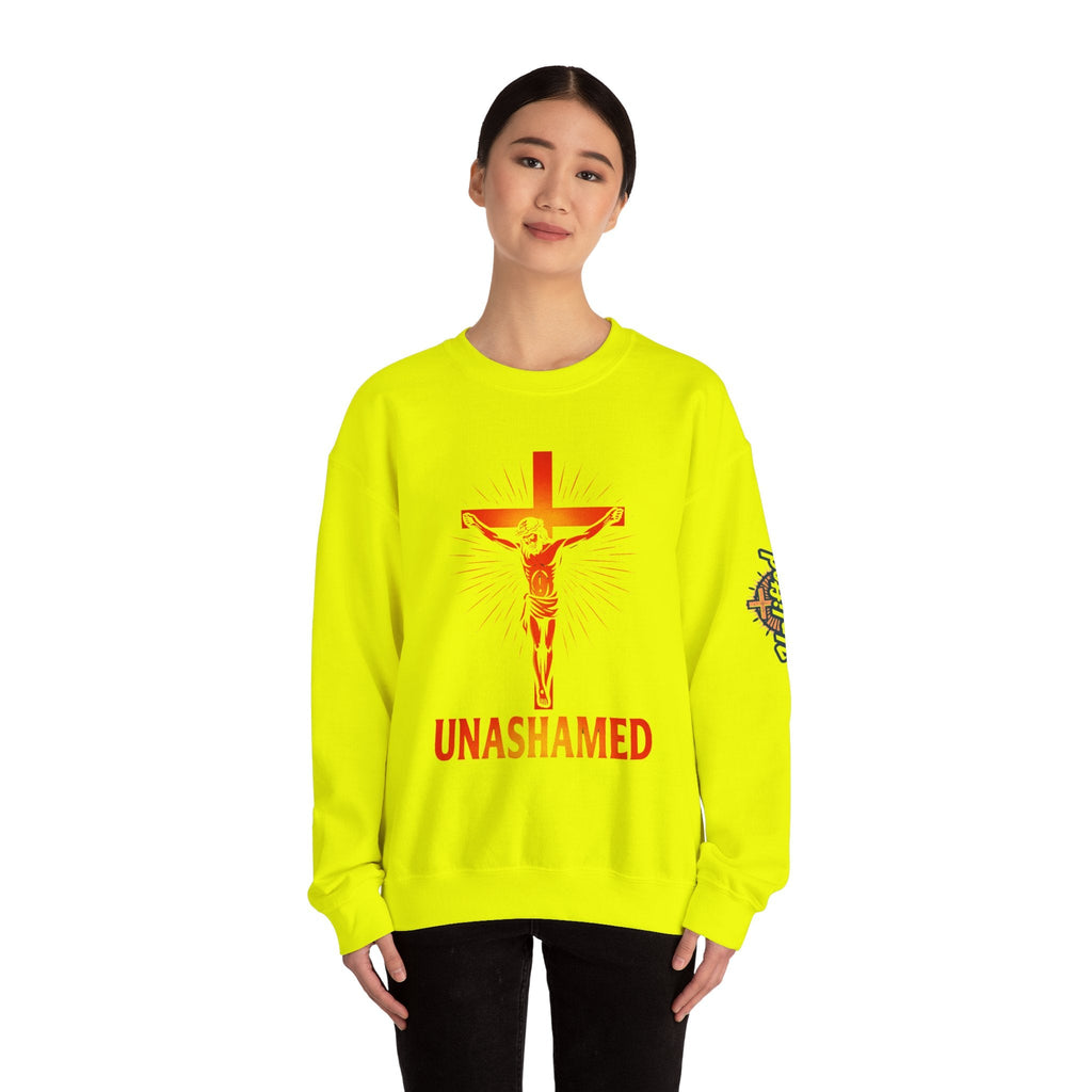 Unashamed Sweatshirt – Romans 1:16 Crucifixion Christian Sweatshirt for Bold Unwavering Faith Printify