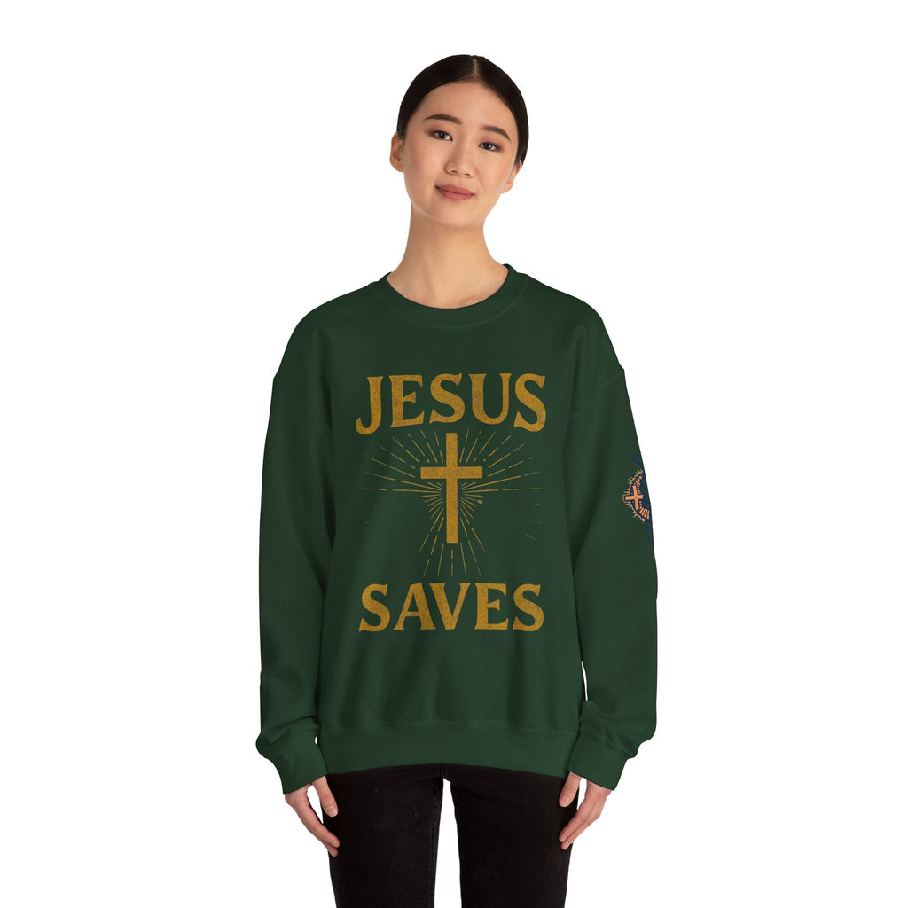 Jesus Saves Sweatshirt – Radiant Cross & Rays of Light Christian Sweatshirt for Eternal Hope & Faith Printify