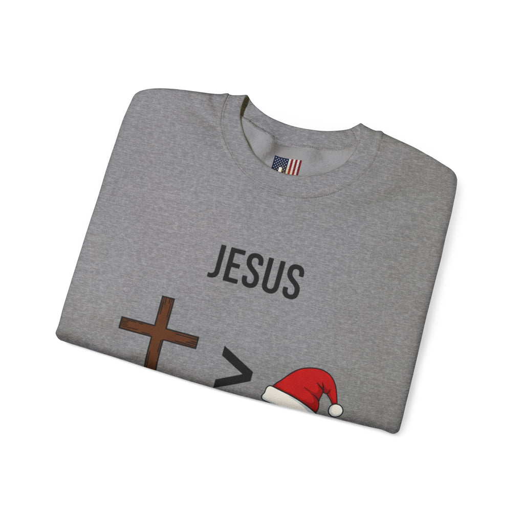 🎄 Jesus > Santa – Minimalist Christian Christmas Sweatshirt | Bold Faith Over Holiday Tee | Cross vs Santa Hat Design | Uplifted Gear Printify