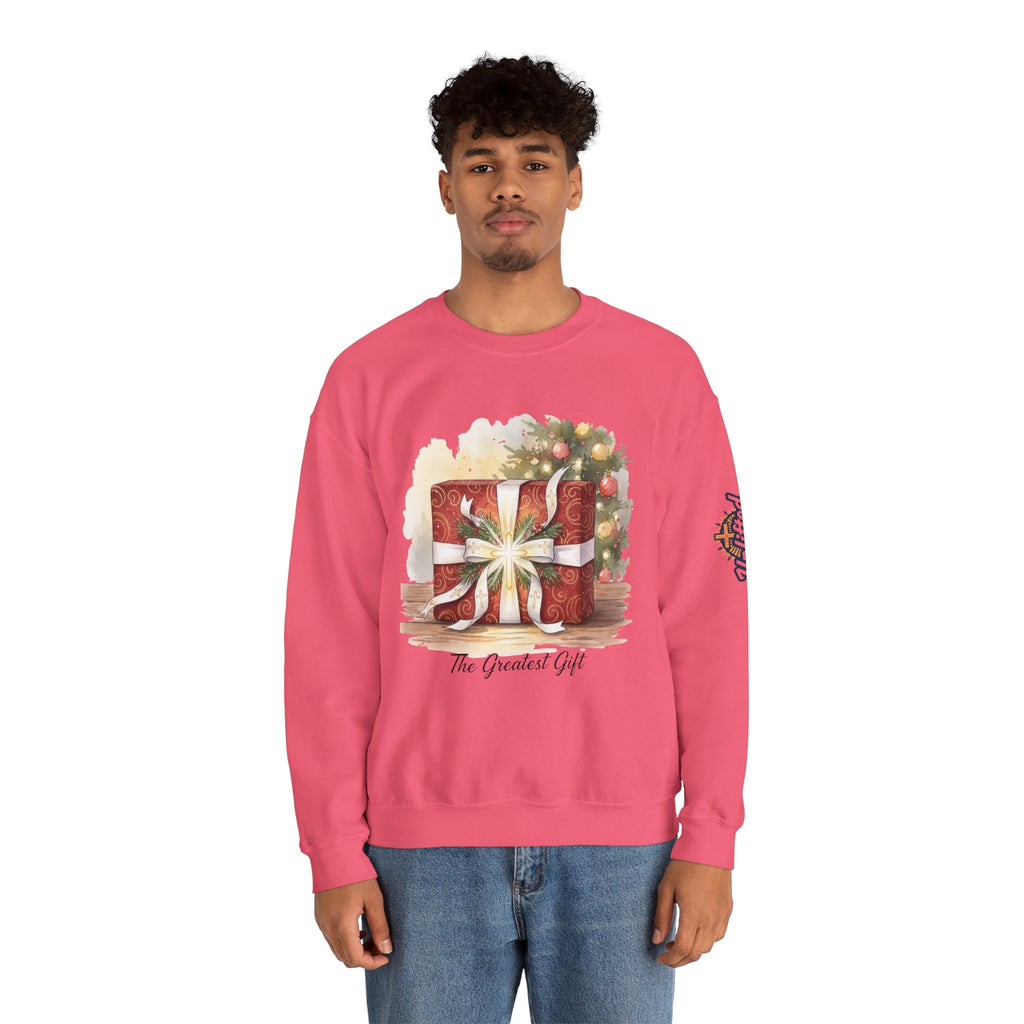 The Greatest Gift Sweatshirt – Cross Bow Present Christian Sweatshirt for Christmas Salvation & Eternal Faith Printify