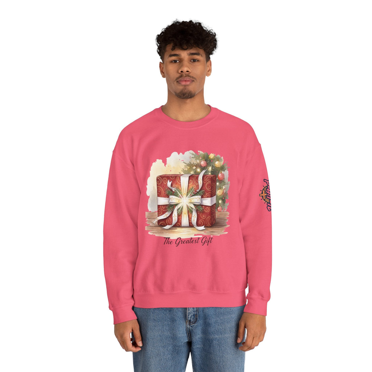 The Greatest Gift Sweatshirt – Cross Bow Present Christian Sweatshirt for Christmas Salvation & Eternal Faith Printify