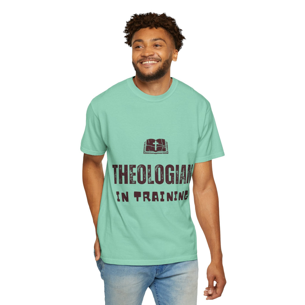 Theologian in Training T-Shirt – Open Bible & Cross Christian Tee for Faithful Learners Printify