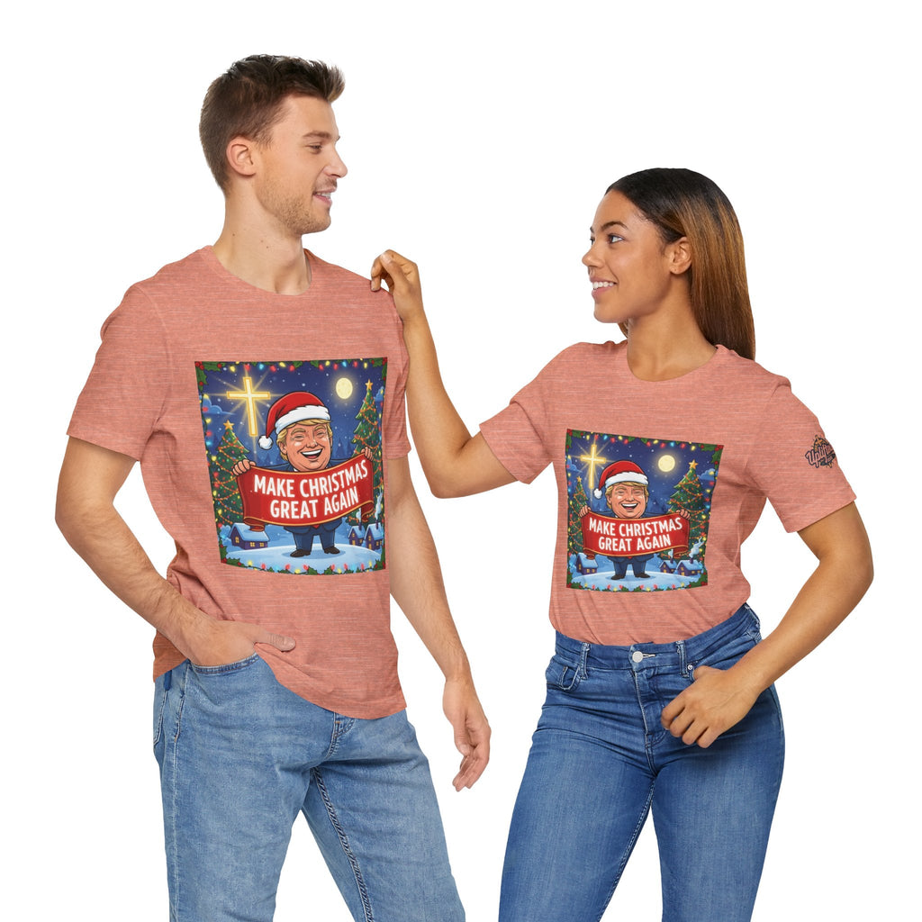 🎄 Make Christmas Great Again – Patriotic Christian Christmas T-Shirt | Bold Holiday Faith Tee | Red & White Banner Design | Uplifted Gear Printify