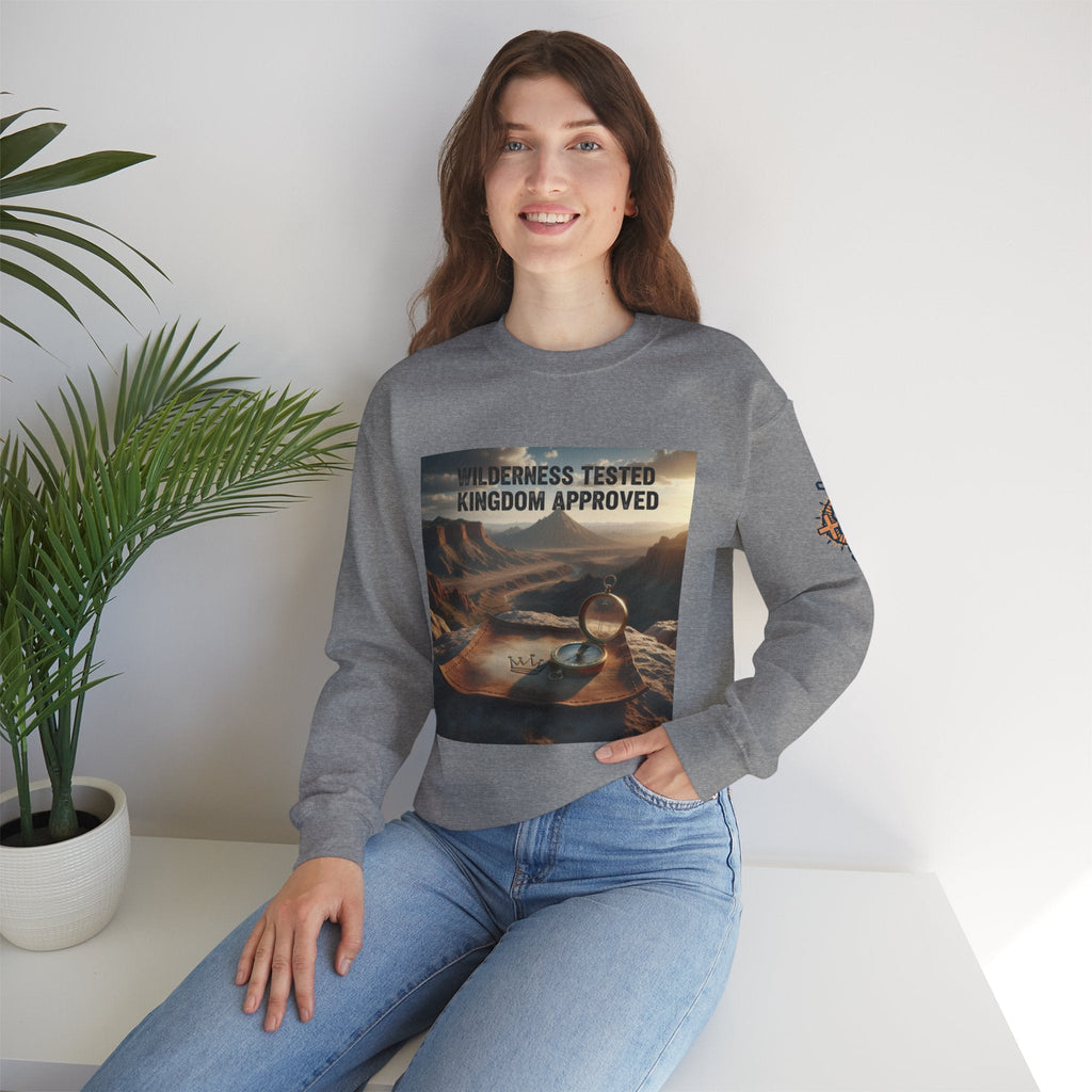 Wilderness Tested Kingdom Approved Sweatshirt – Mountain Desert Compass Crown Christian Sweatshirt for Biblical Adventure Faith Printify