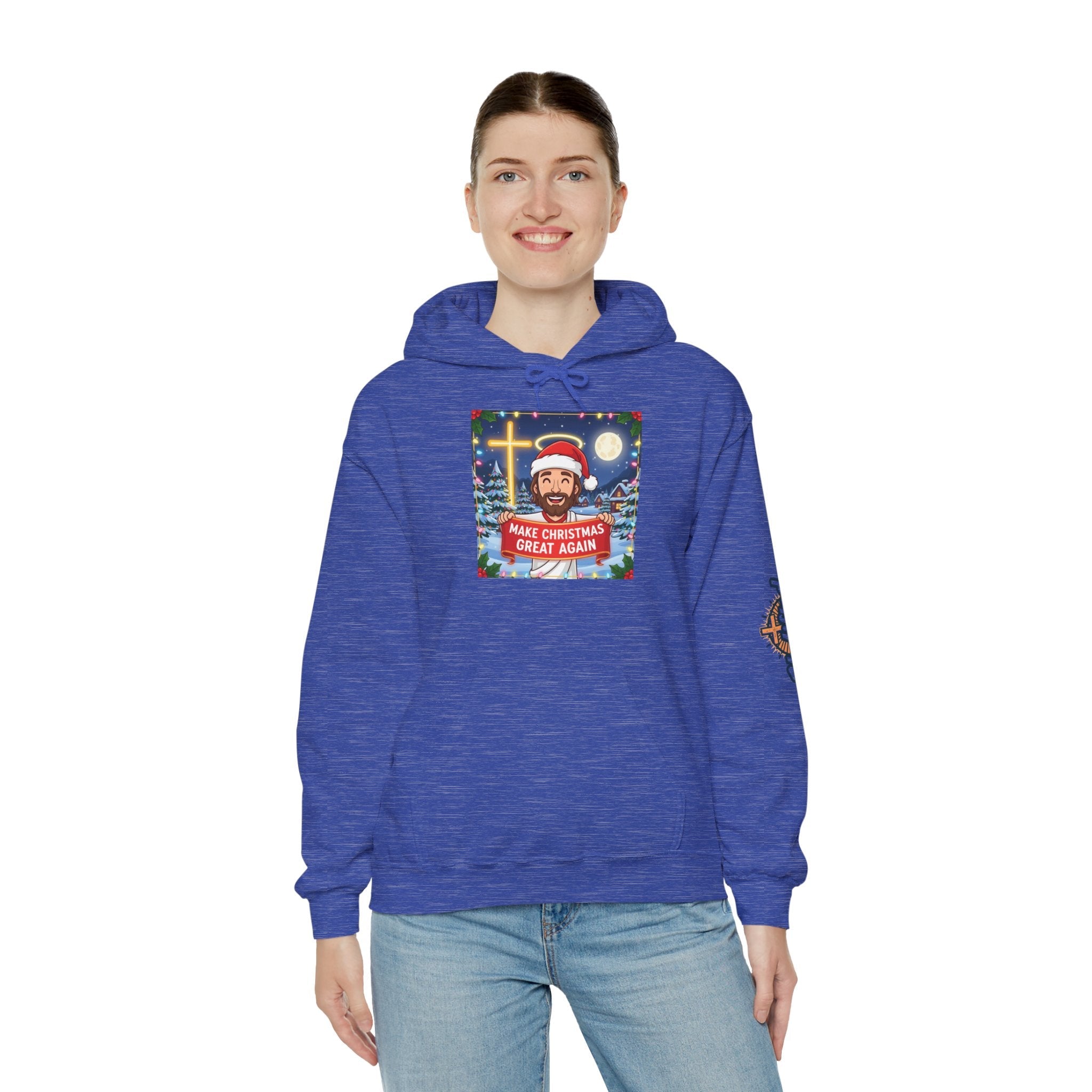 🎄 Make Christmas Great Again – Funny Christian Hoodie | Jesus Holding Banner | Faith-Based Holiday Parody Tee | Uplifted Gear Printify