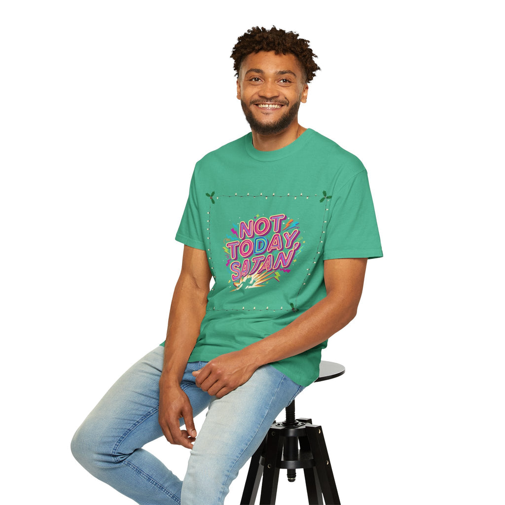 🔥 Not Today, Satan – Retro 90s Christian T-Shirt | Neon Faith Tee | Funky Cartoon Devil | Bold Bible Verse Shirt | Uplifted Gear Printify