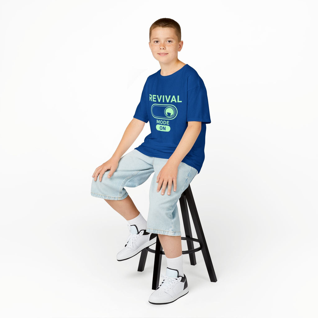 🔥 Revival Mode: ON – Christian Techwear Kids T-Shirt | Glowing Green Faith Switch | Futuristic Jesus Shirt | Activate Your Spiritual Awakening | Uplifted Gear Printify