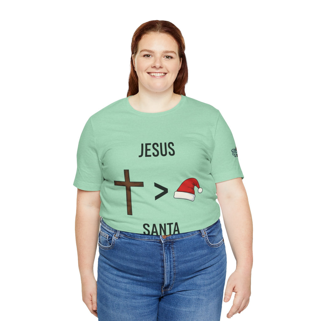 🎄 Jesus > Santa – Minimalist Christian Christmas T-Shirt | Bold Faith Over Holiday Tee | Cross vs Santa Hat Design | Uplifted Gear Printify