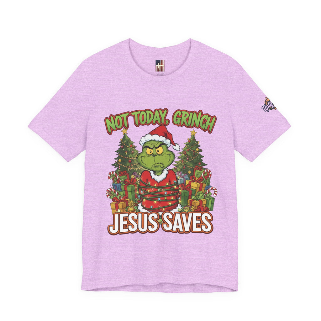 🎄 Not Today, Grinch – Jesus Saves | Funny Christian Christmas T-Shirt | Sulking Grinch & Glowing Cross | Bold Neon Faith Tee by Uplifted Gear Printify