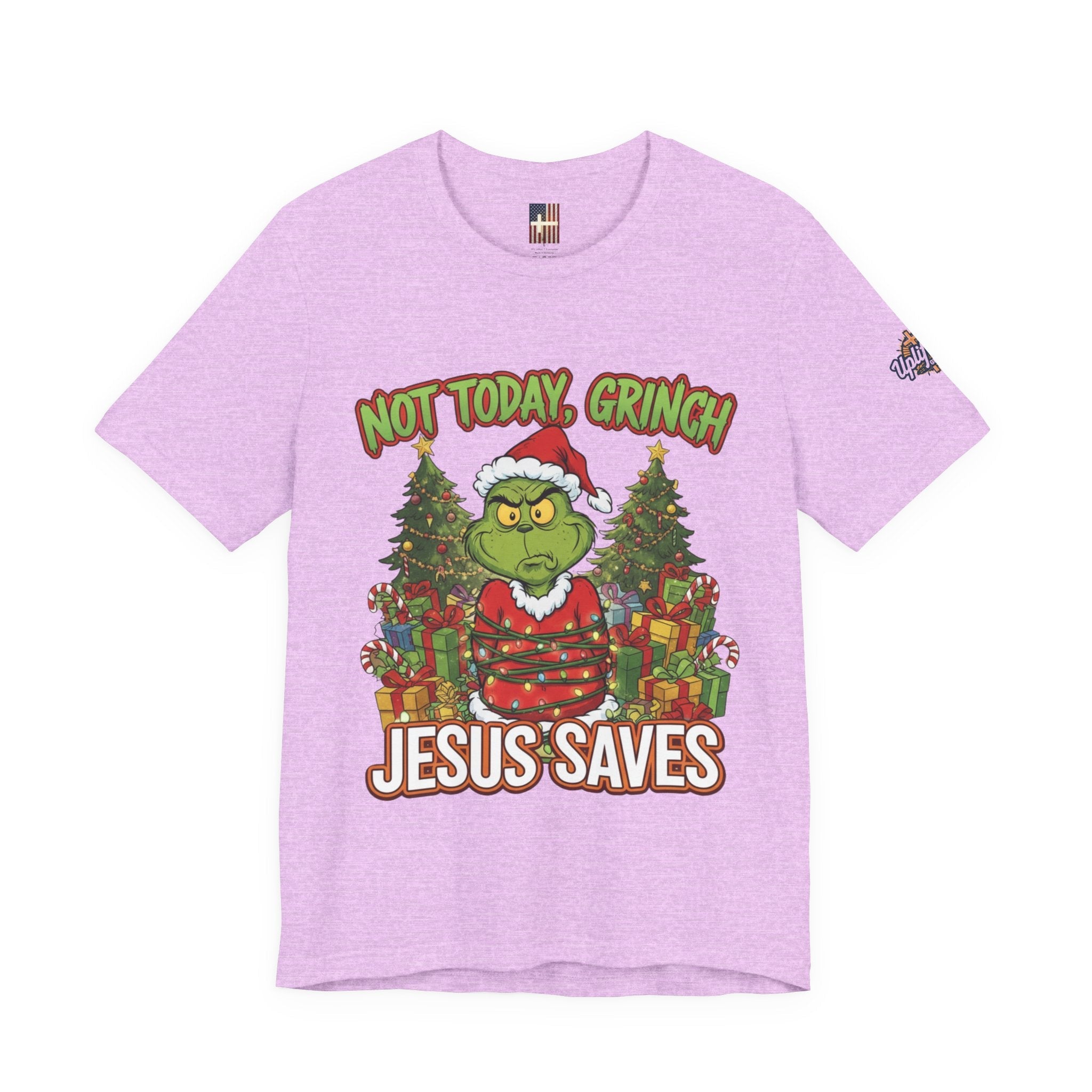 🎄 Not Today, Grinch – Jesus Saves | Funny Christian Christmas T-Shirt | Sulking Grinch & Glowing Cross | Bold Neon Faith Tee by Uplifted Gear Printify