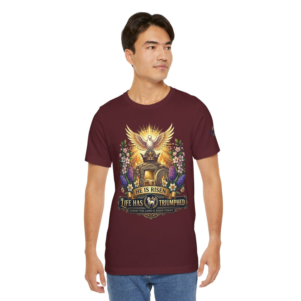 He Is Risen "Life Has Triumphed" T-Shirt — Easter Resurrection Christian Tee Printify