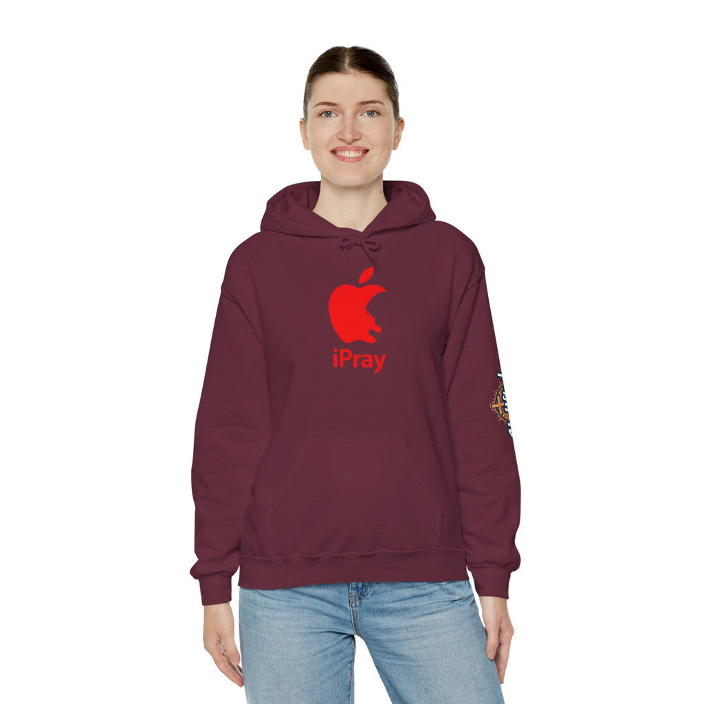 iPray Apple Logo Hoodie — Funny Christian Hoodie (Minimal Red Apple Graphic) Printify