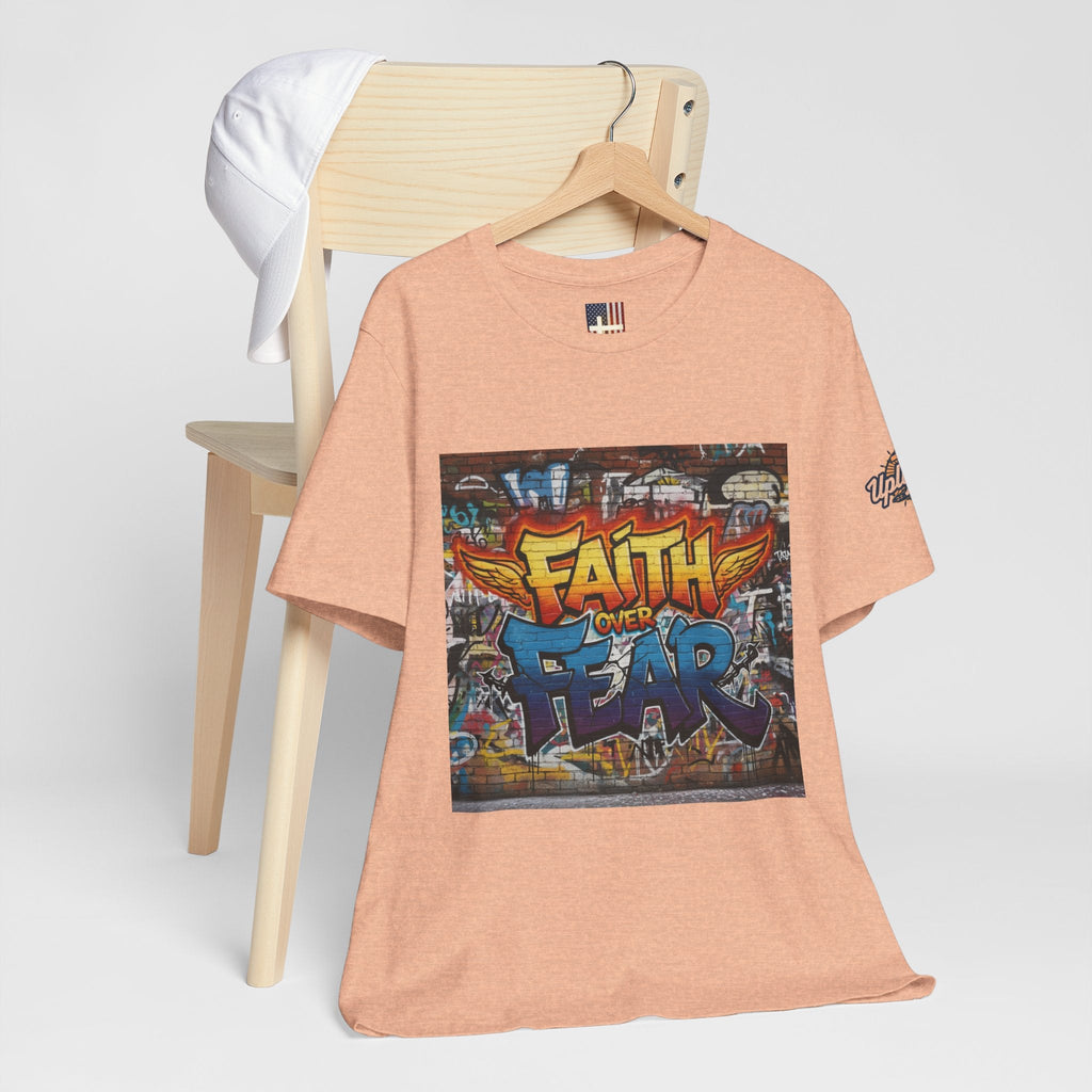 Faith Over Fear T-shirt – Graffiti Wall Christian T-shirt for Bold 2 Corinthians 5:7 Streetwear & Unshakable Faith Printify