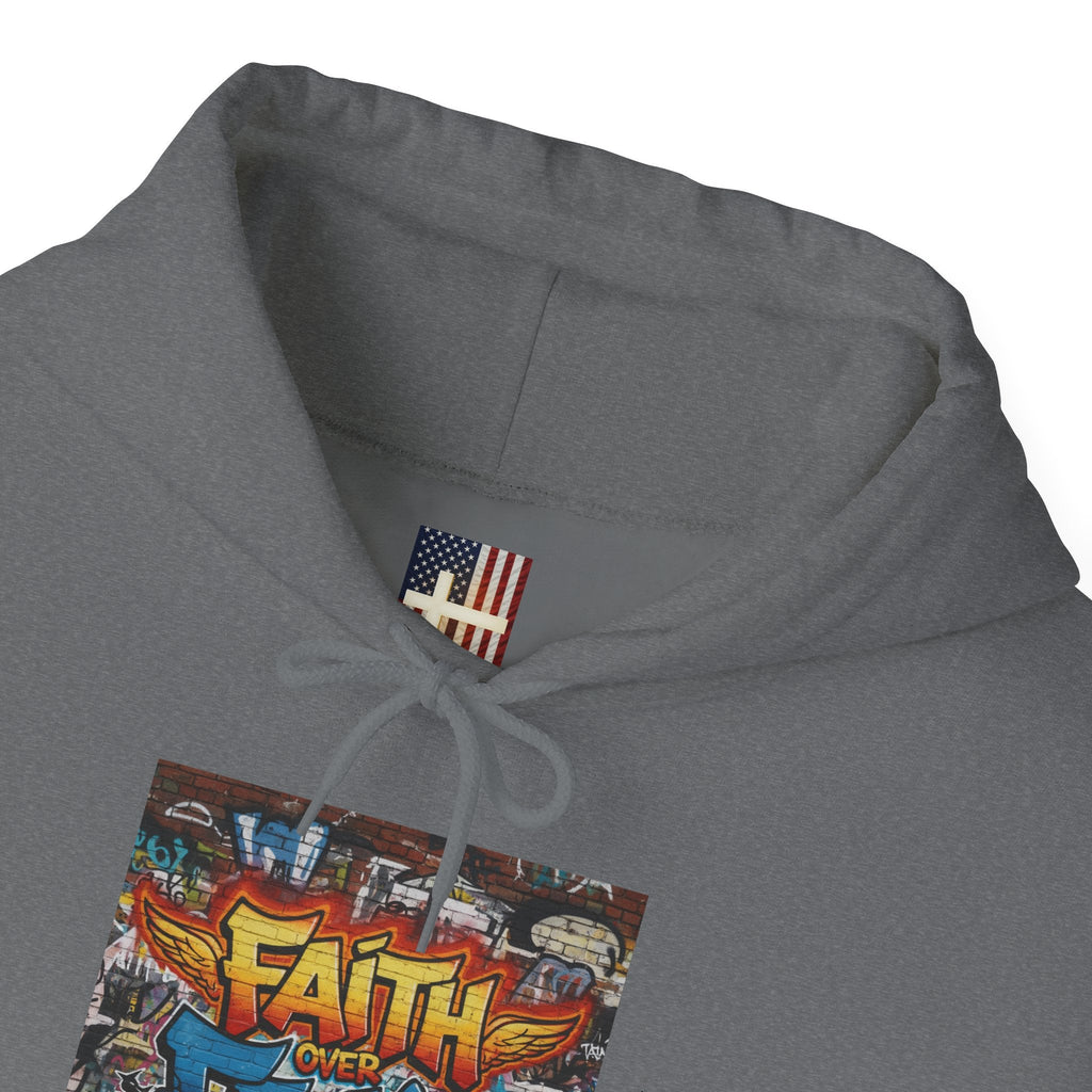 Faith Over Fear Hoodie – Graffiti Wall Christian Sweatshirt for Bold 2 Corinthians 5:7 Streetwear & Unshakable Faith Printify