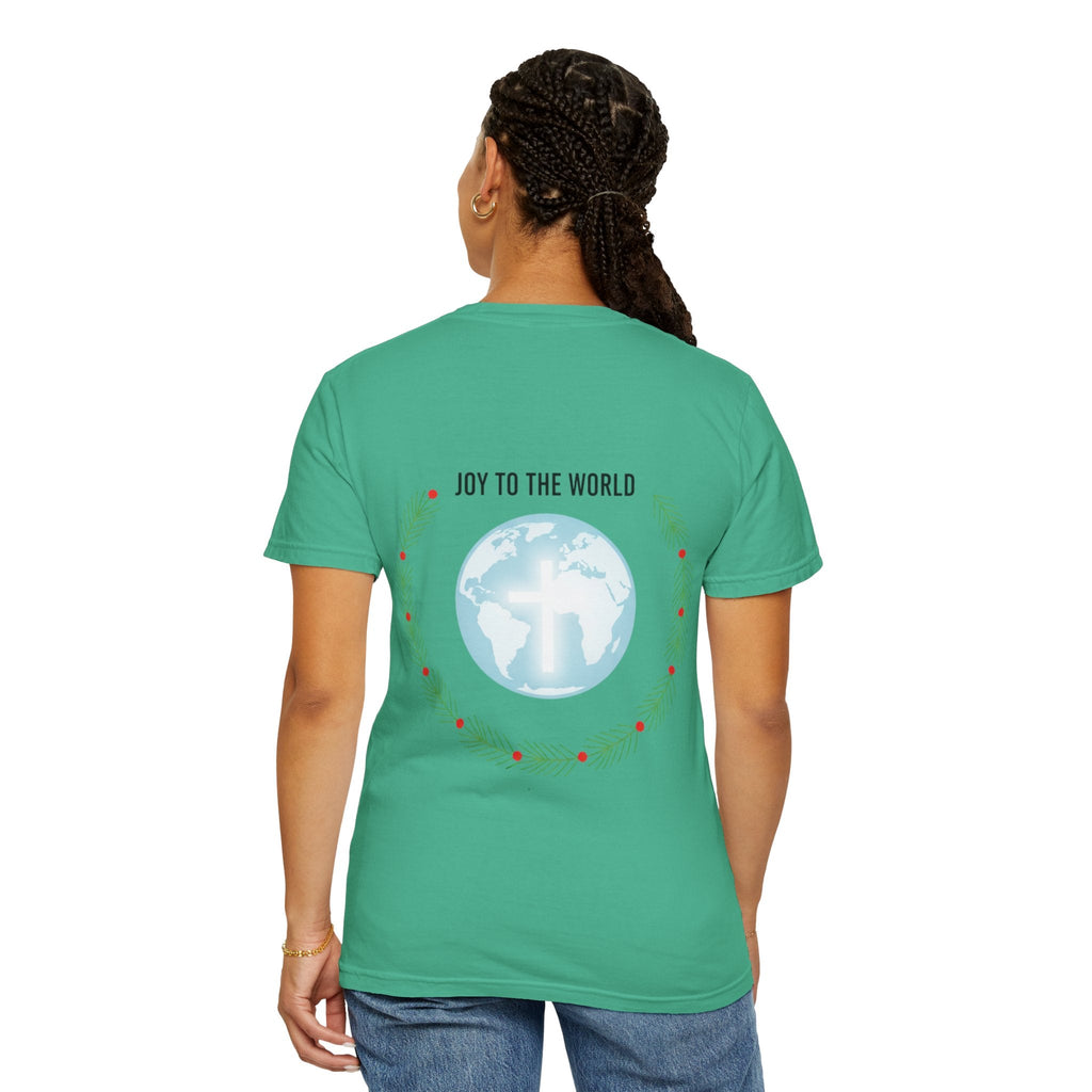 Joy to the World T-shirt – Wreath Earth Nativity Christian Christmas T-shirt for Isaiah 9:6 Holiday Faith & Festive Joy Printify