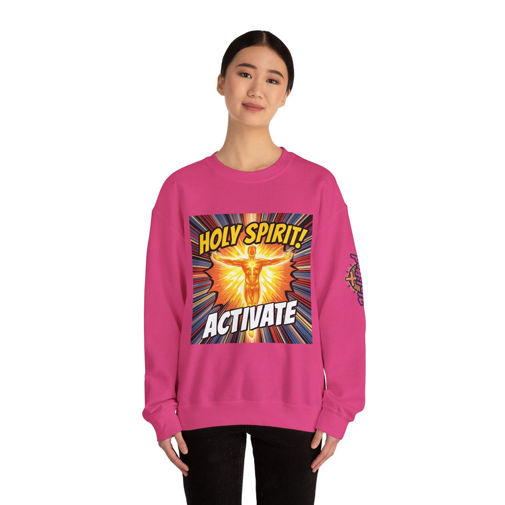 Holy Spirit Activate Sweatshirt – Superhero Christian Sweatshirt with Vibrant Power-Up Design for Faith-Fueled Boldness Printify