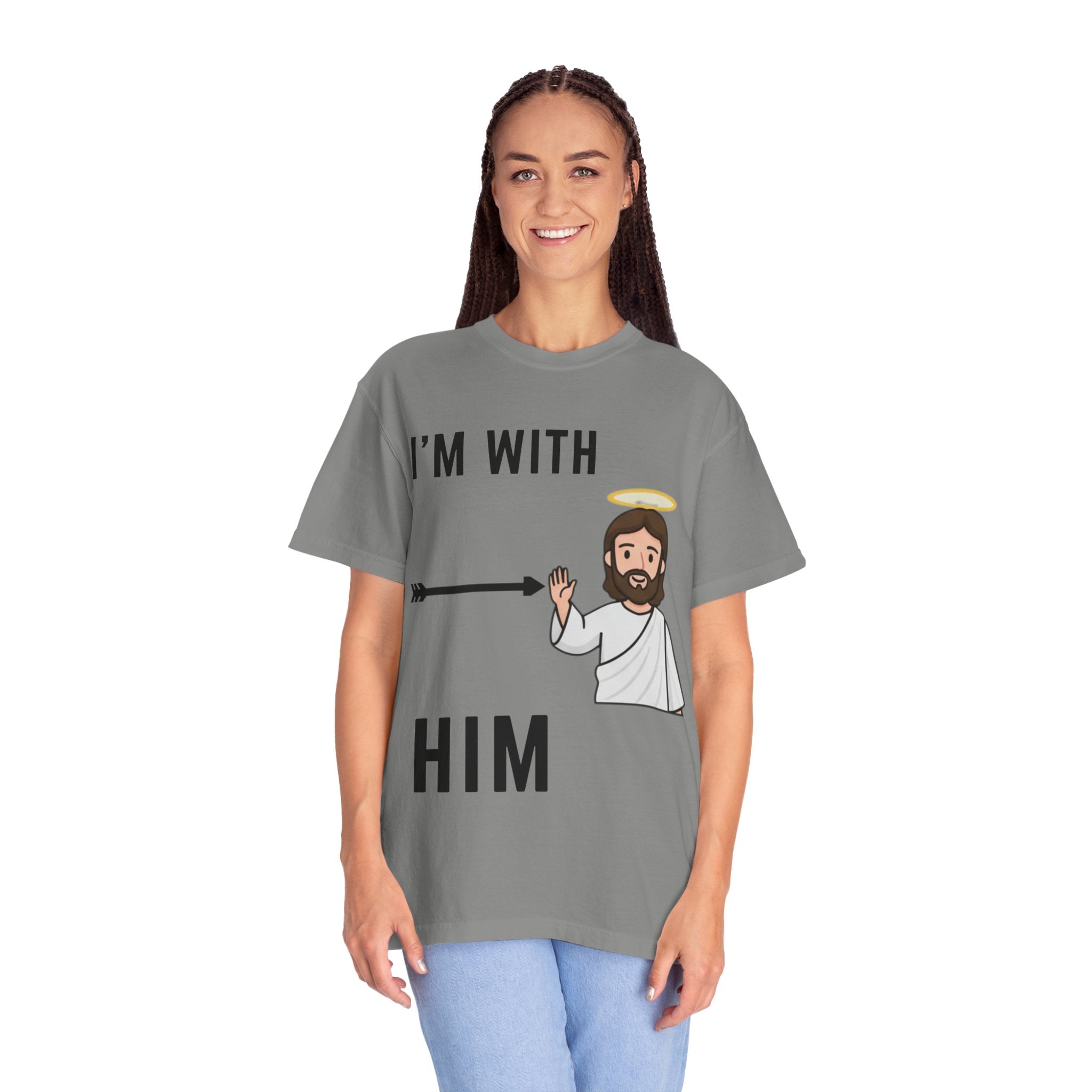 🔥 I’m With Him → Christian T-Shirt | Arrow Pointing to Jesus | Minimalist Faith Tee | Subtle Cross Design | Bible-Inspired Apparel by Uplifted Gear Printify