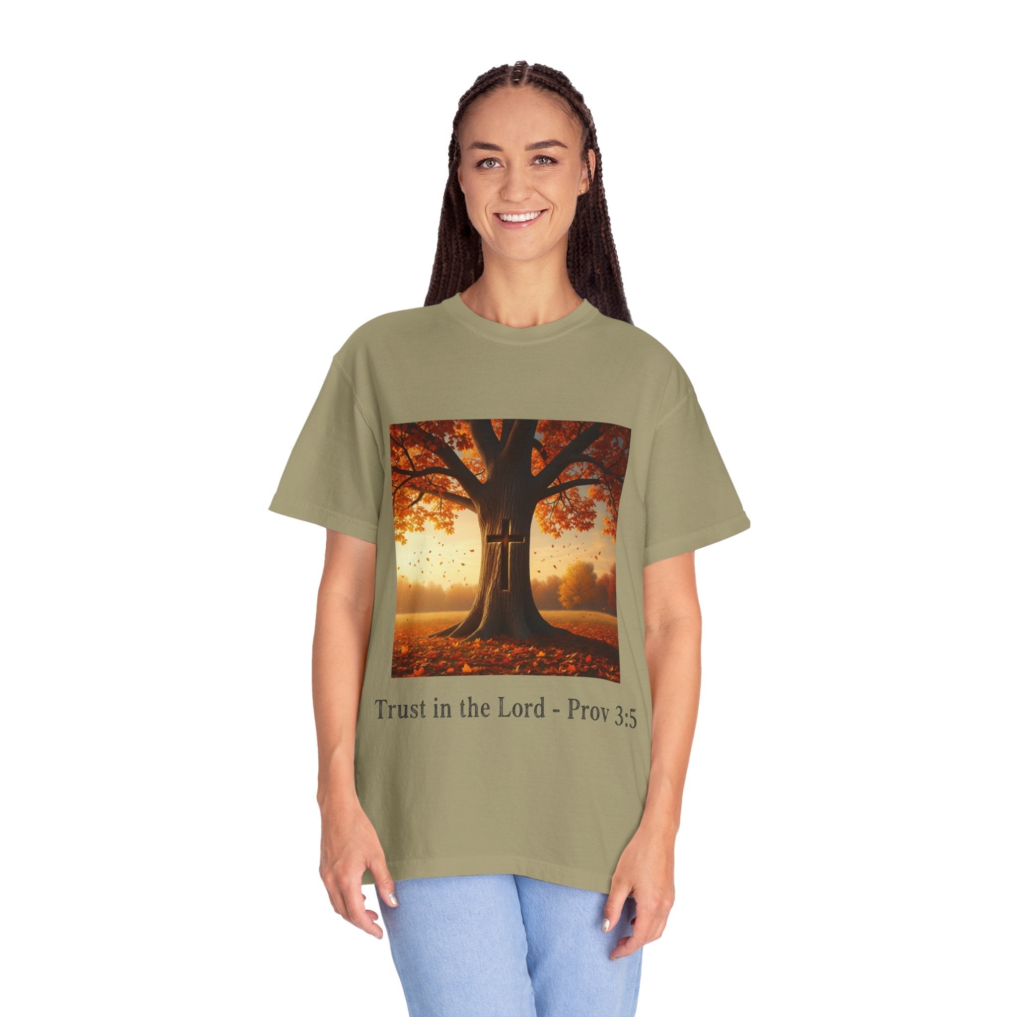 Trust in the Lord T-Shirt – Autumn Tree Christian Tee with Proverbs 3:5 Printify