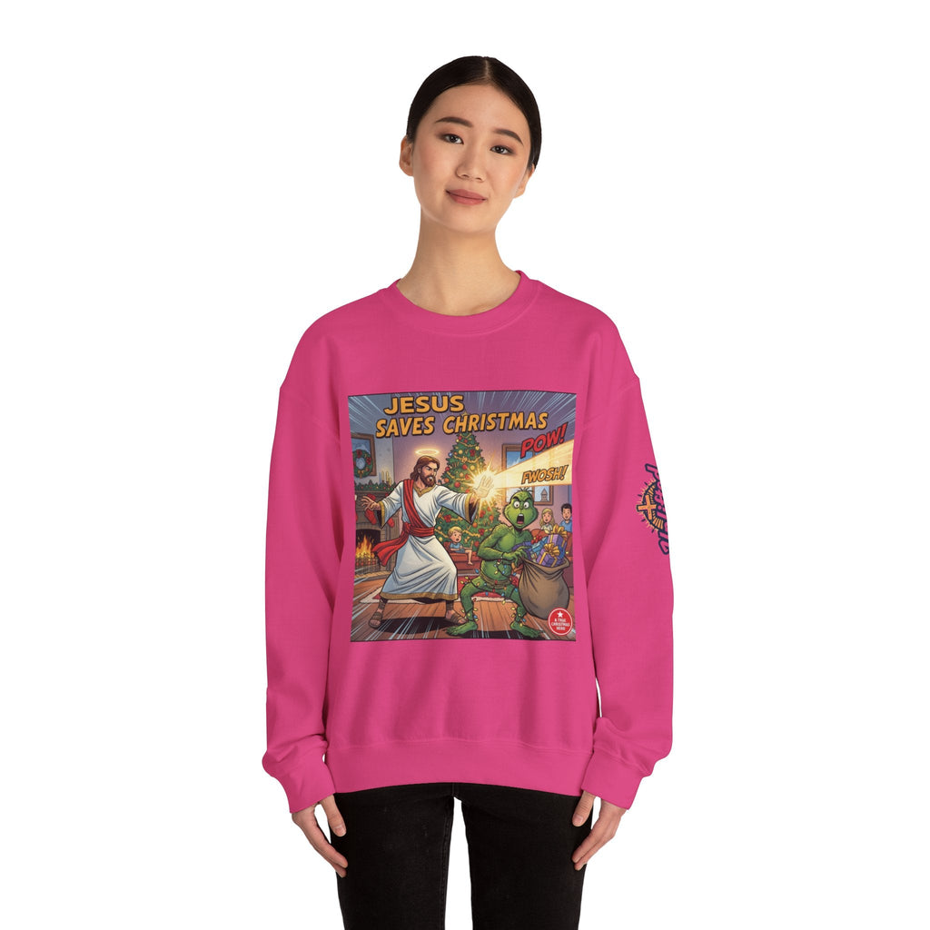 Jesus Saves Christmas Sweatshirt – Grinch vs Savior Light Battle Christian Sweatshirt for Hilarious Holiday Faith & True Joy Printify