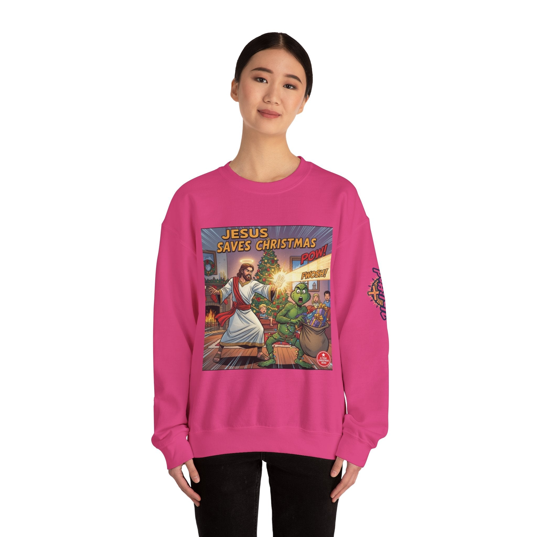Jesus Saves Christmas Sweatshirt – Grinch vs Savior Light Battle Christian Sweatshirt for Hilarious Holiday Faith & True Joy Printify