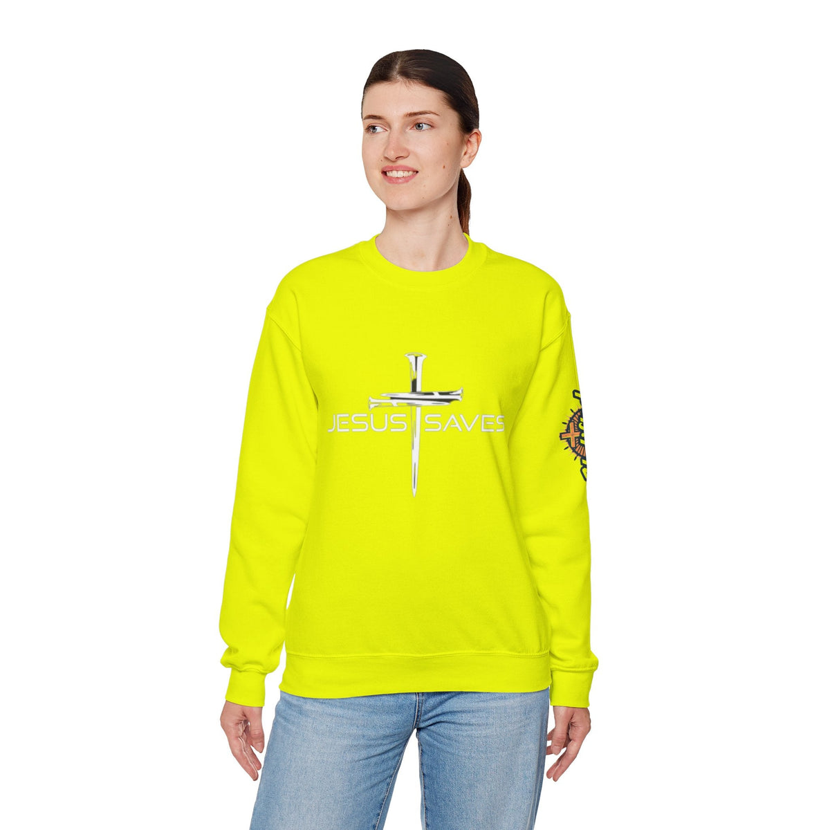 Jesus Saves Sweatshirt – 3 Nails Crucifix Cross Christian Sweatshirt for Redemption Faith & Bold Salvation Printify