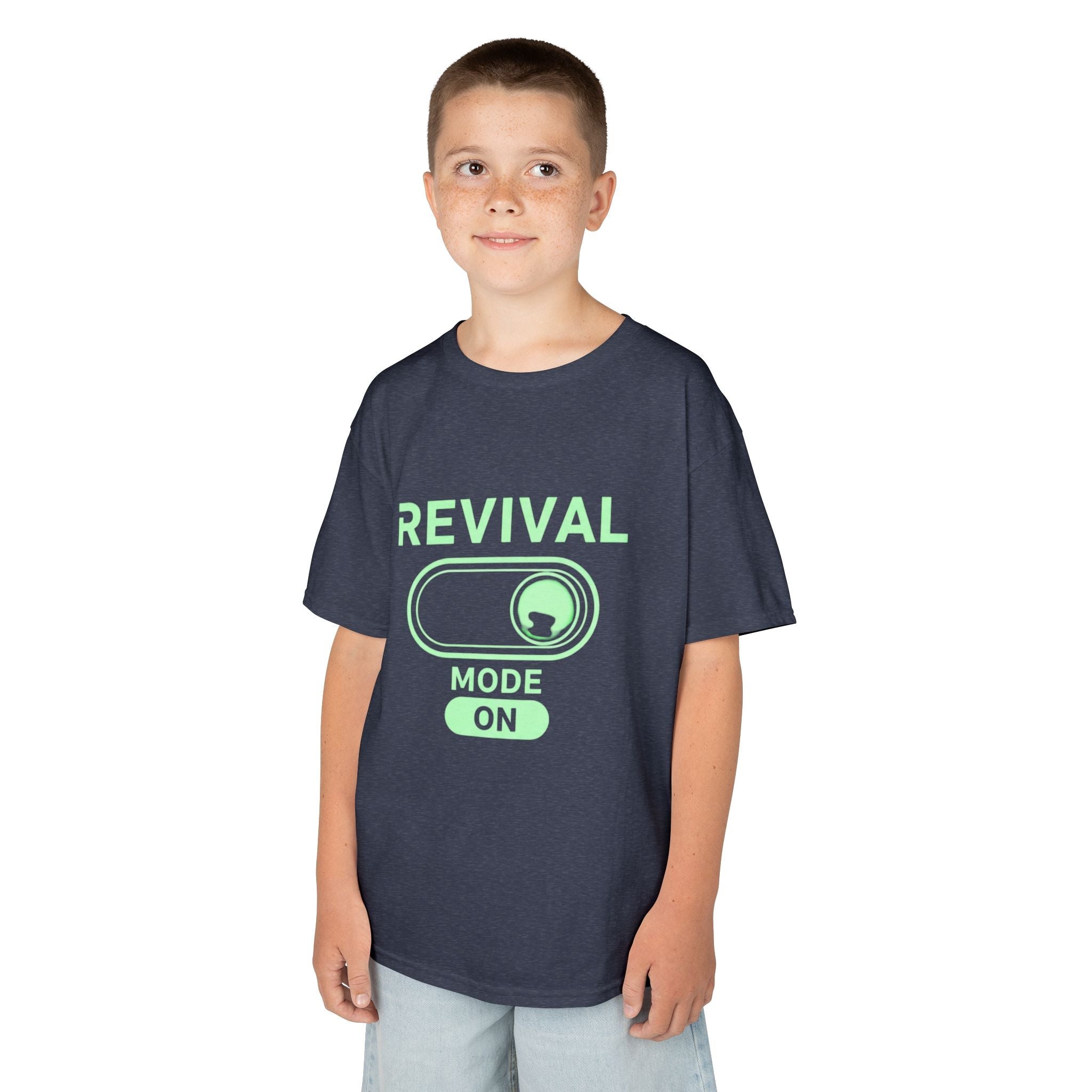 🔥 Revival Mode: ON – Christian Techwear Kids T-Shirt | Glowing Green Faith Switch | Futuristic Jesus Shirt | Activate Your Spiritual Awakening | Uplifted Gear Printify